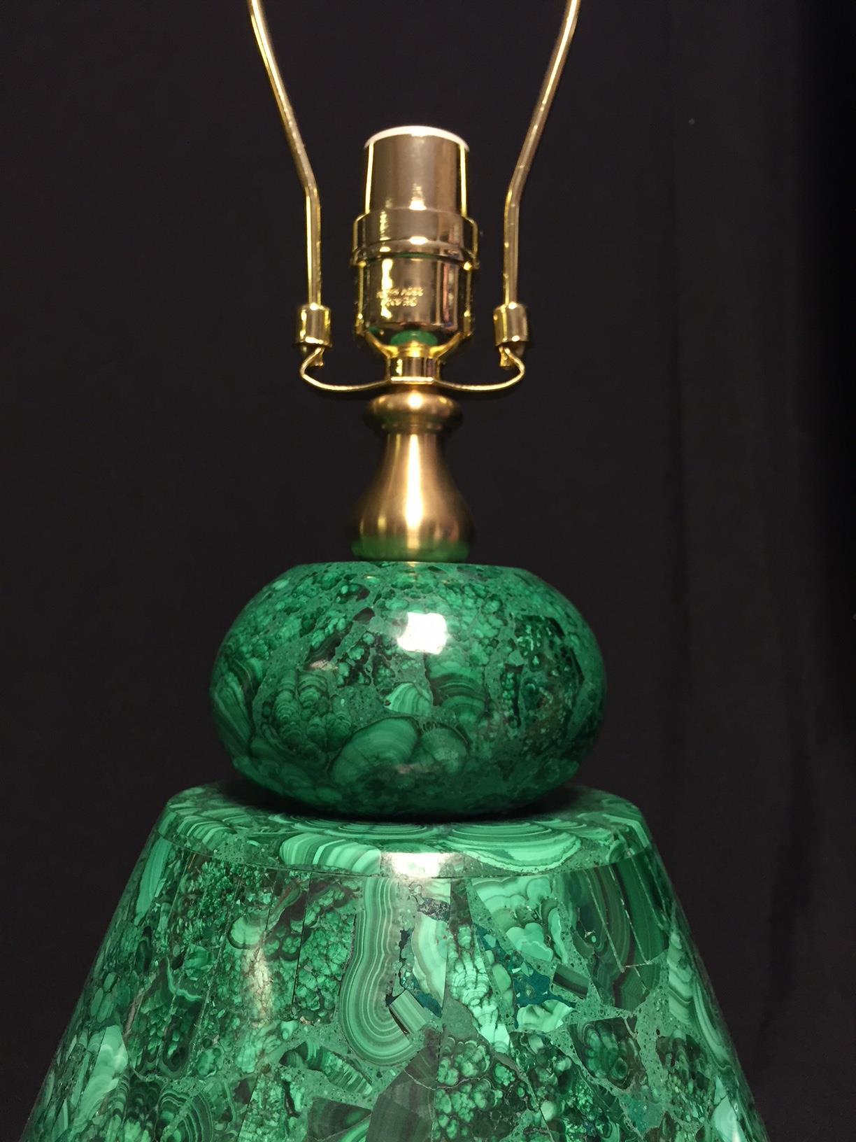 20th Century Pair of Brass and Malachite Veneered Lamps with Shades