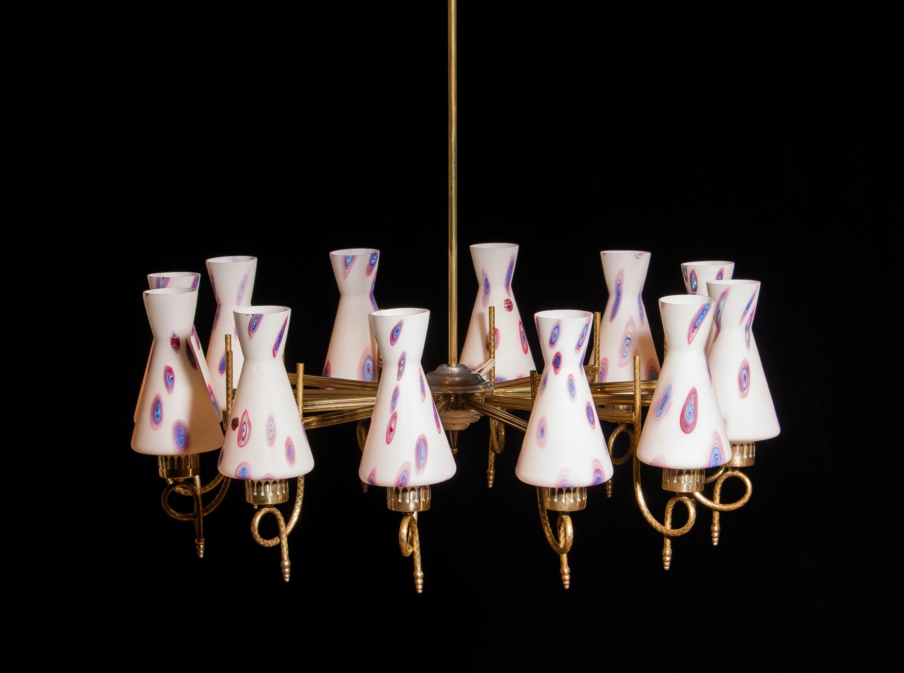 Mid-20th Century 1940s Beautiful Large Brass and Multicolored Murano Venini Glass Chandelier