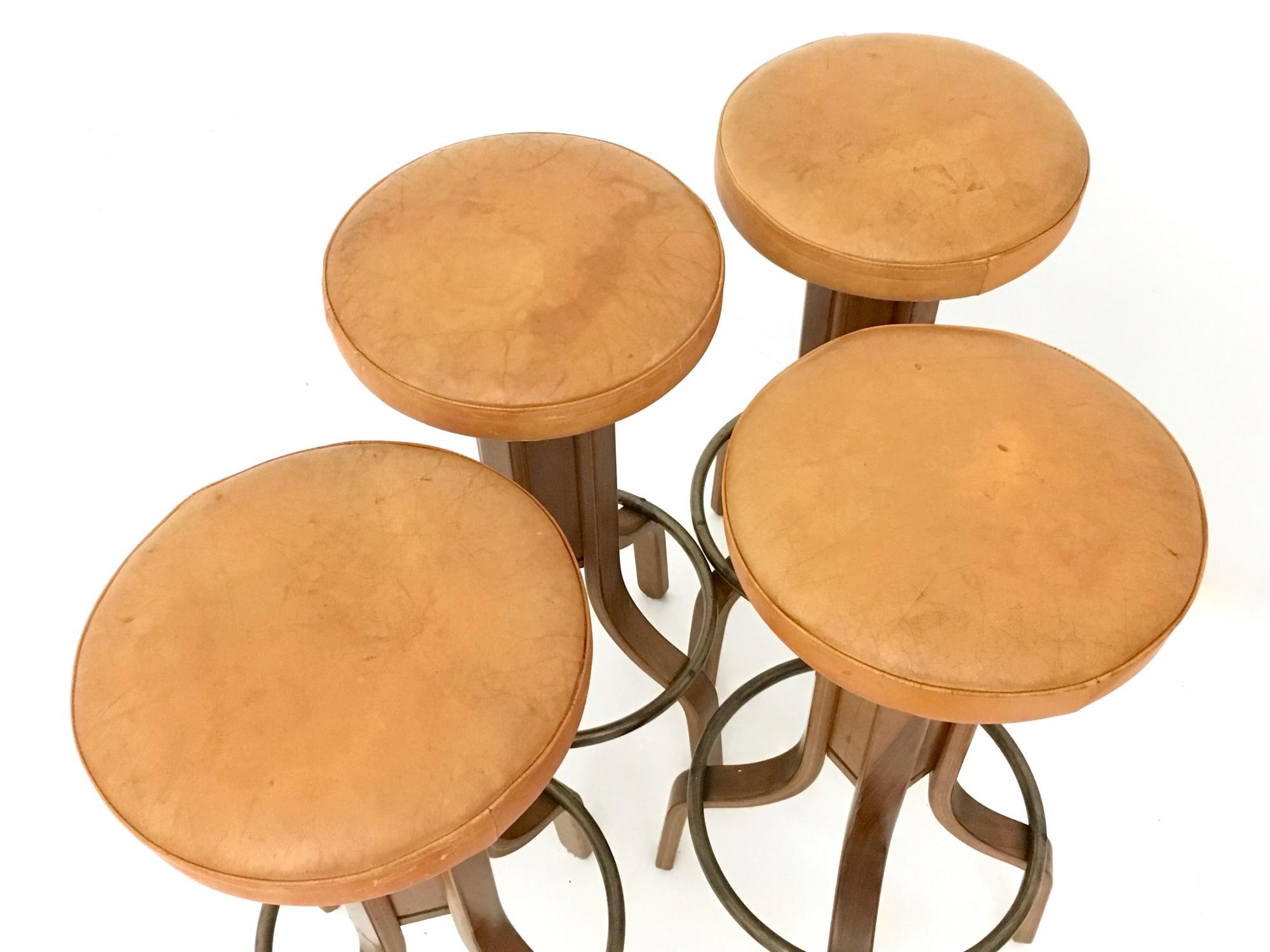 Post-Modern Four Postmodern Camel Color Leather & Walnut Plywood Revolving Stools, Italy