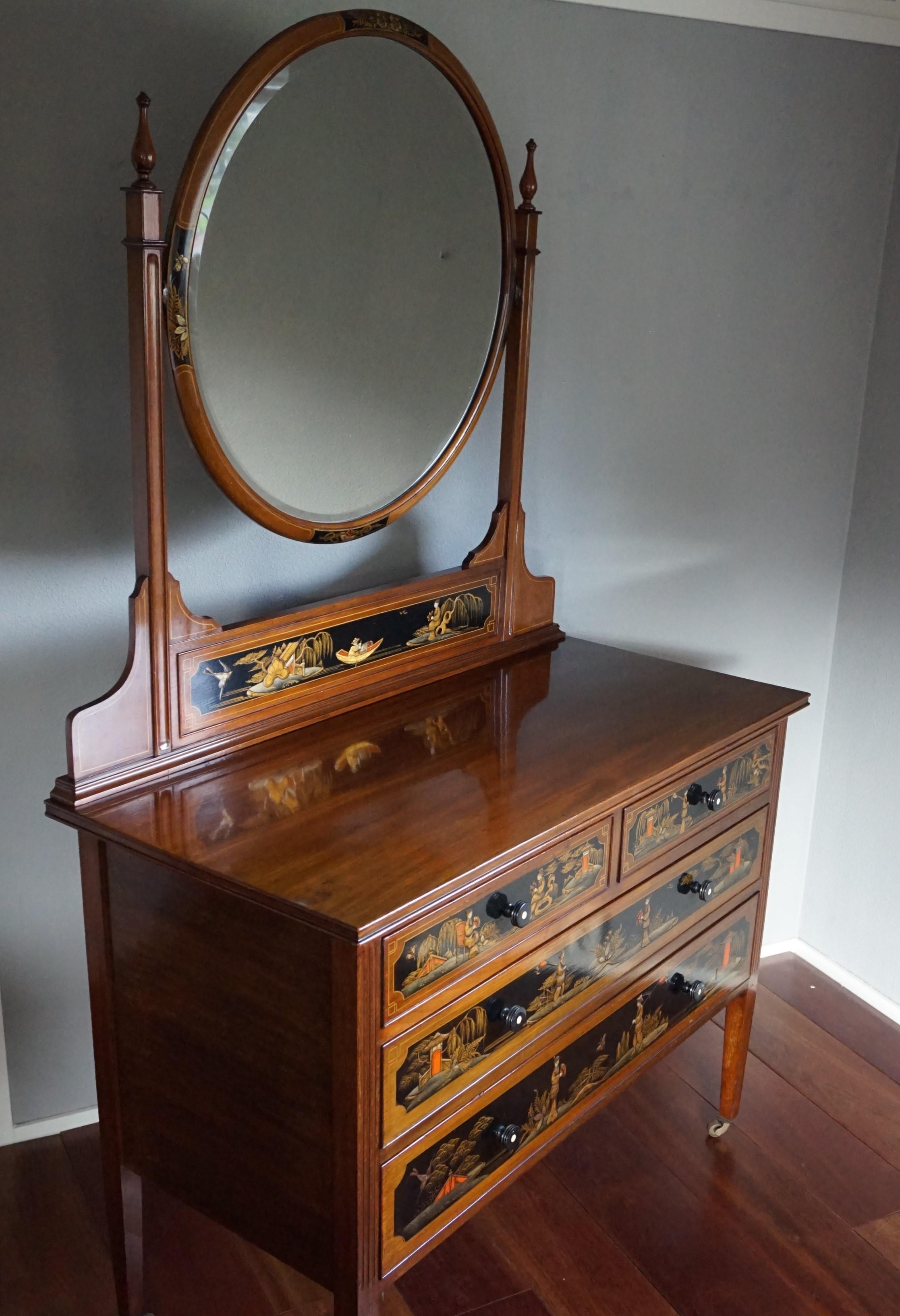 Antique Hand-Painted Mahogany Commode W. Beveled Vanity Mirror Chinoiserie Style In Excellent Condition In Lisse, NL