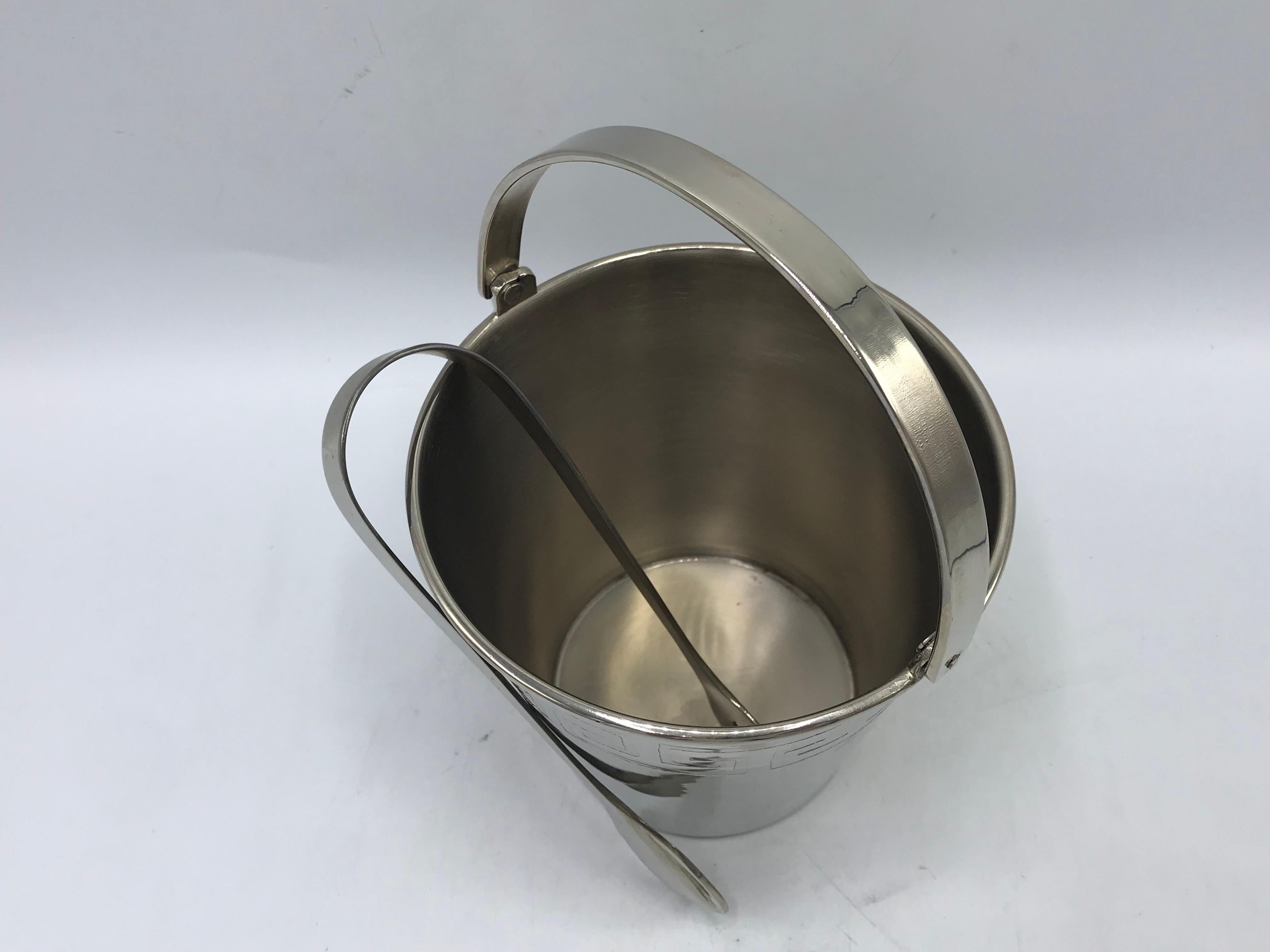 20th Century 1970s Chrome Ice Bucket and Tongs with Greek Key Motif For Sale