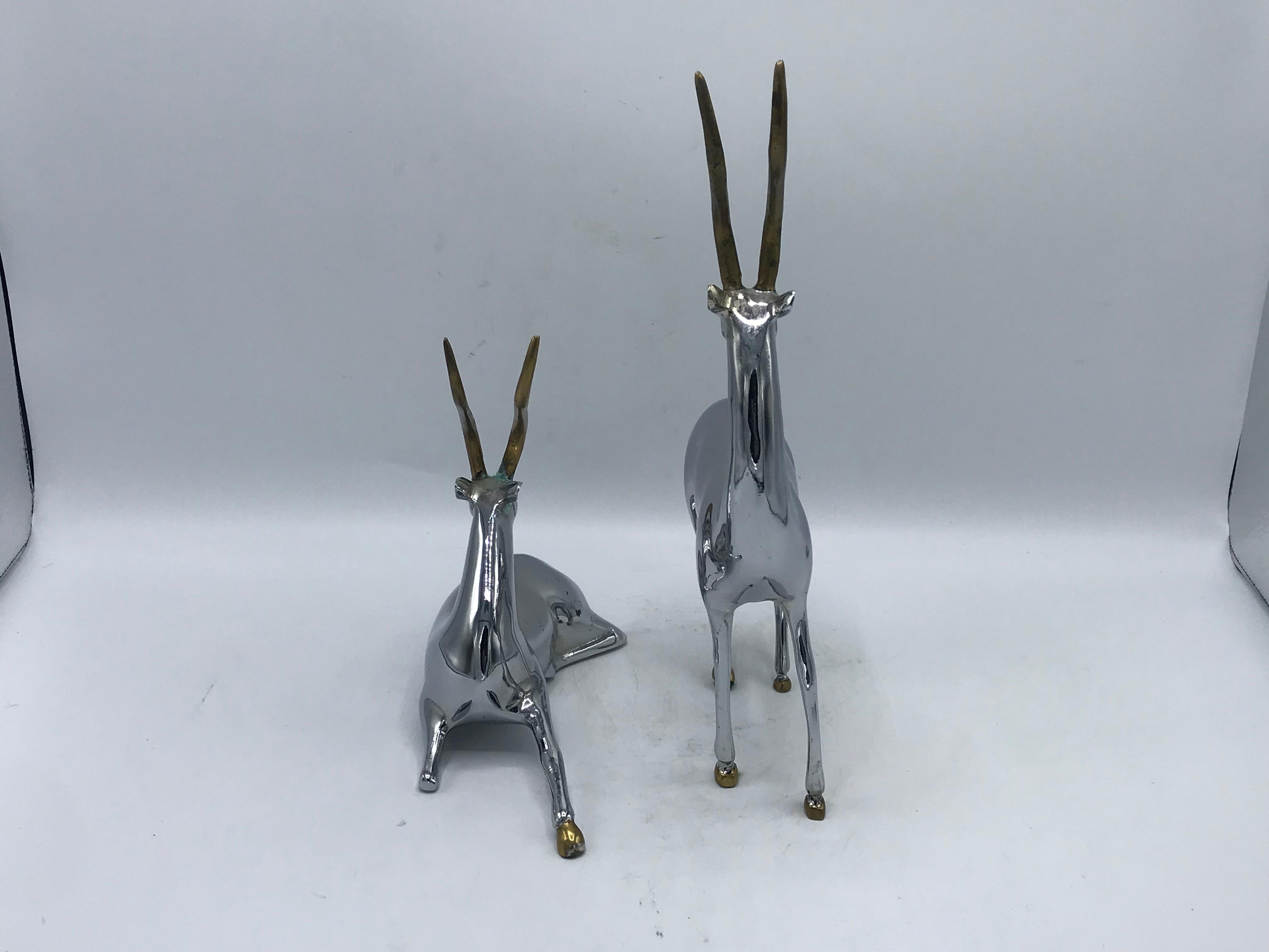 20th Century 1960s Chrome and Brass Gazelle Sculptures, Pair For Sale