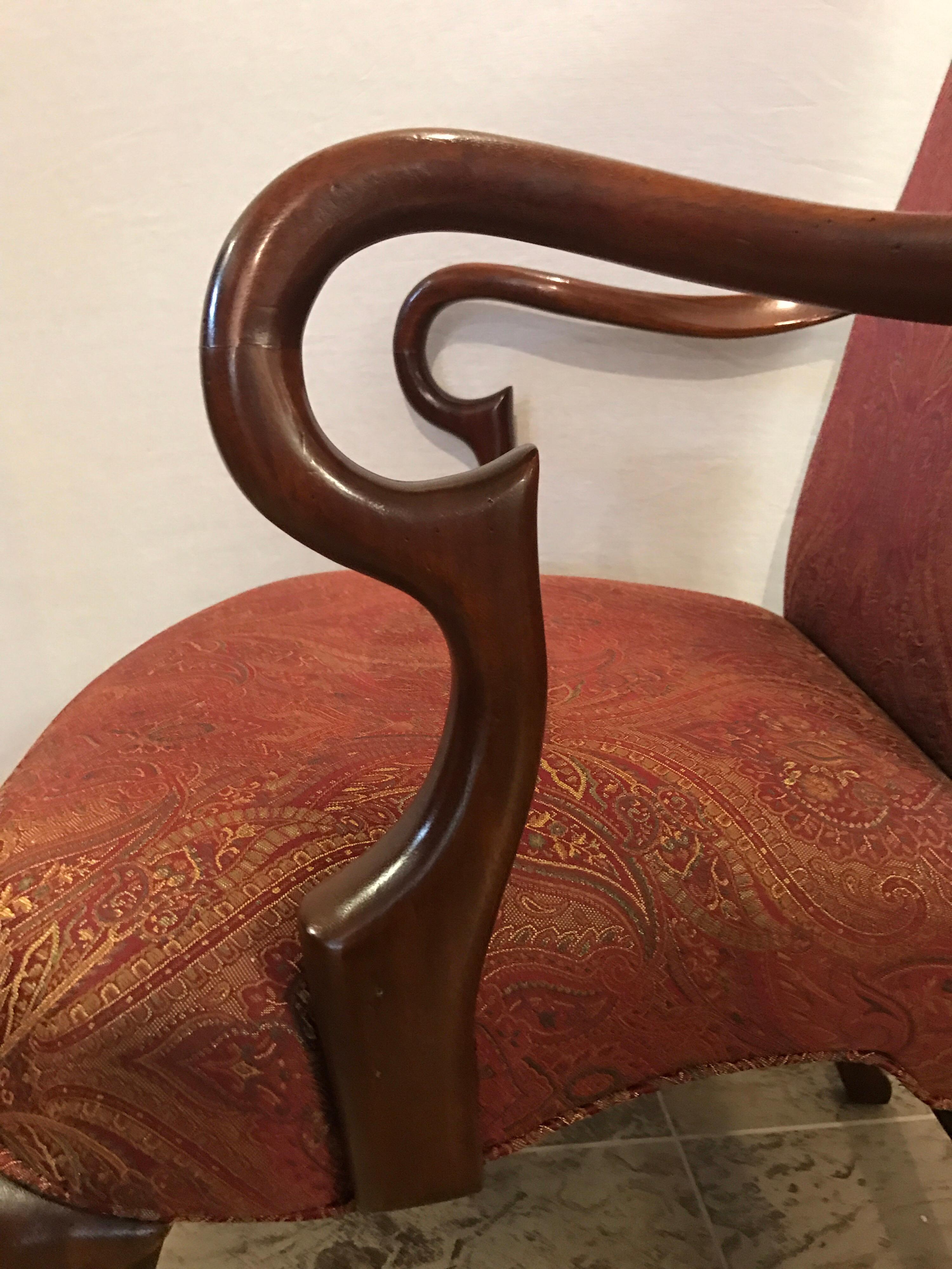 American Mahogany Gooseneck Armchairs Paisley Fabric, Pair