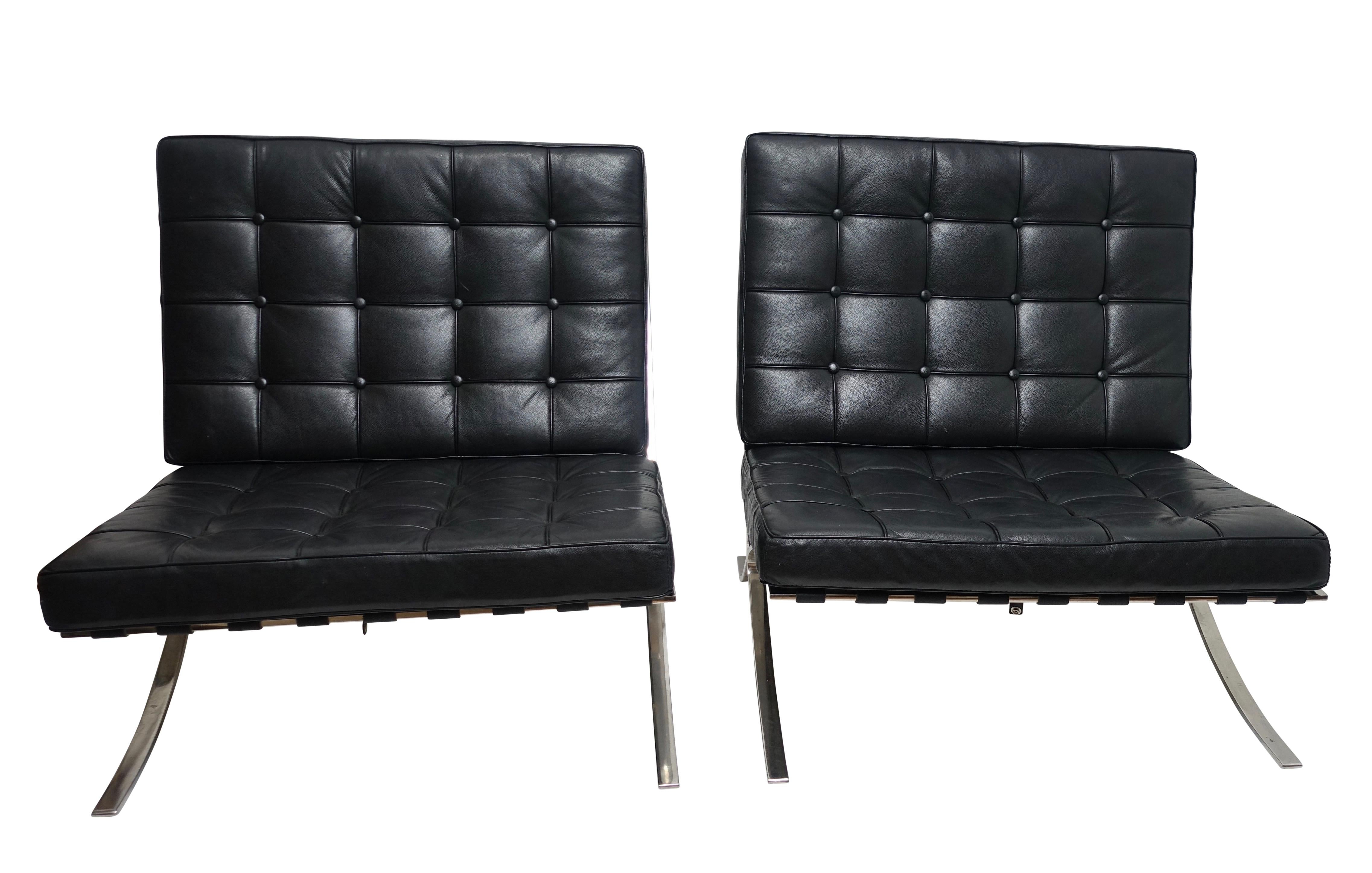 American Pair of Knoll Barcelona Style Black Leather Chairs, Mies van der Rohe