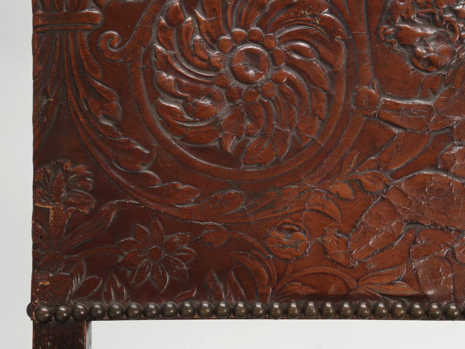Embossed Pair Spanish Tooled Leather Antique Chairs
