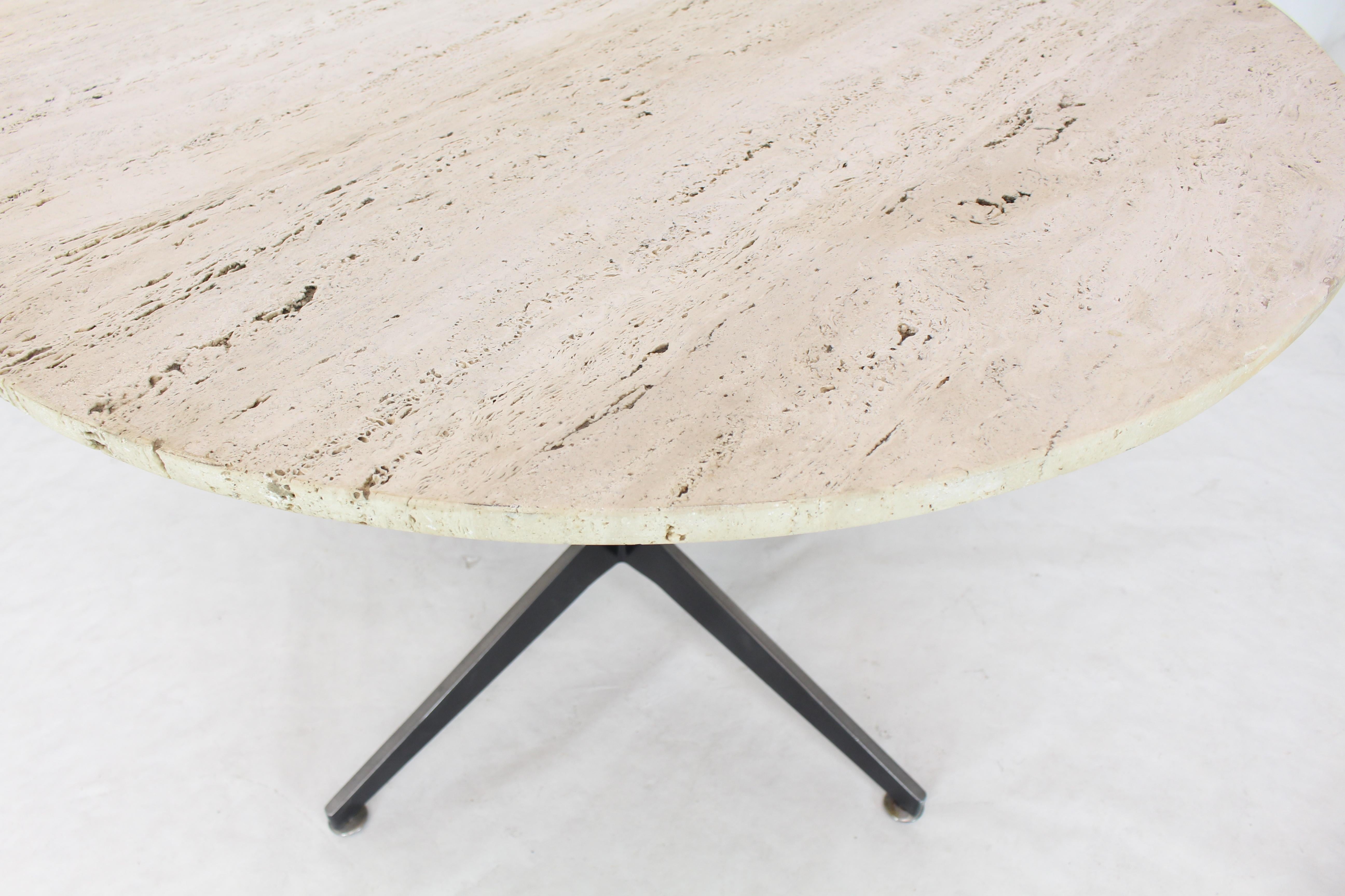 Round Travertine Top Fabricated Aluminium X-Base Cafe Dining Table In Good Condition In Rockaway, NJ