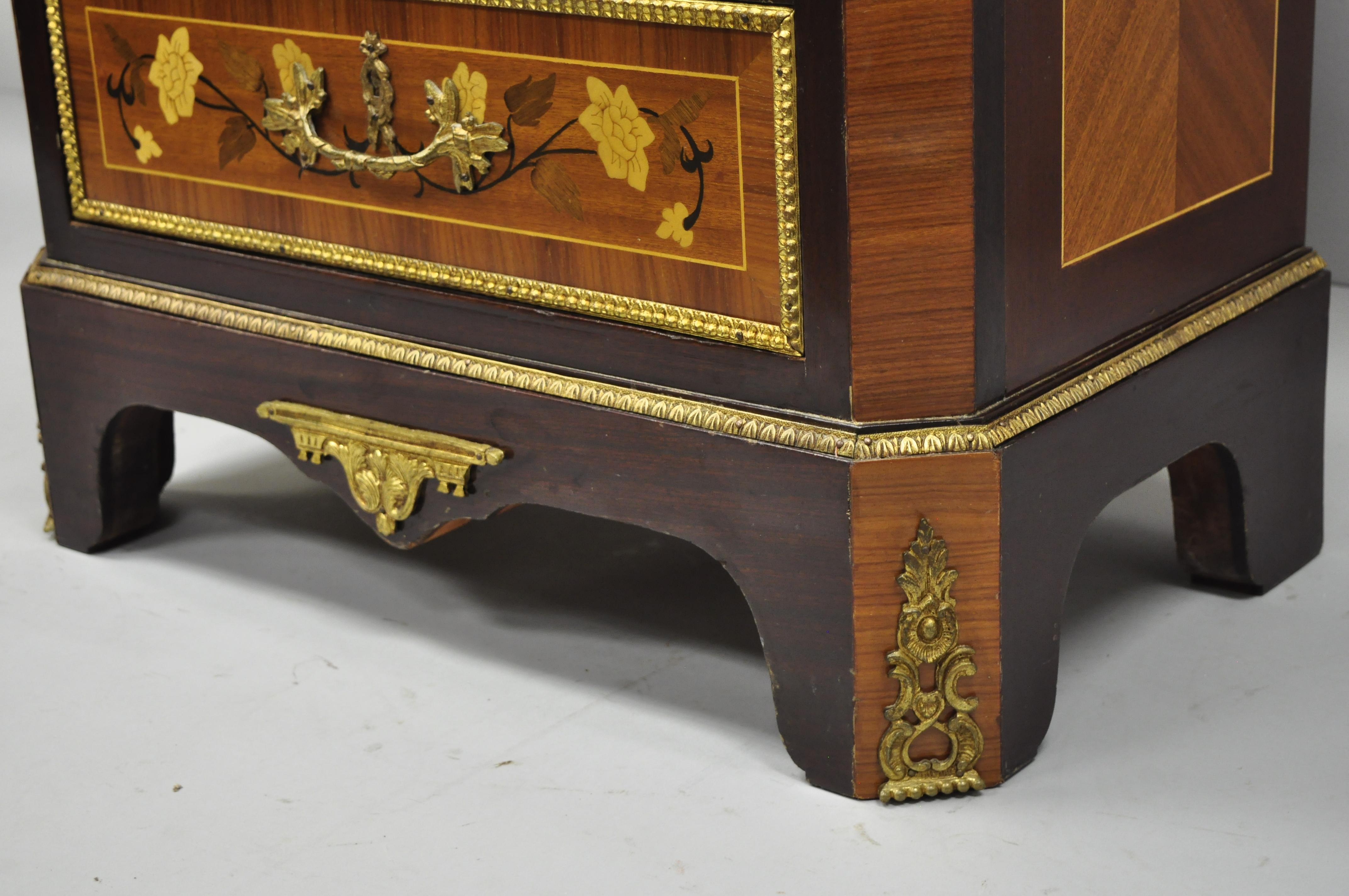 Brass Louis XV French Style Marble-Top Inlaid Seven-Drawer Lingerie Tall Chest