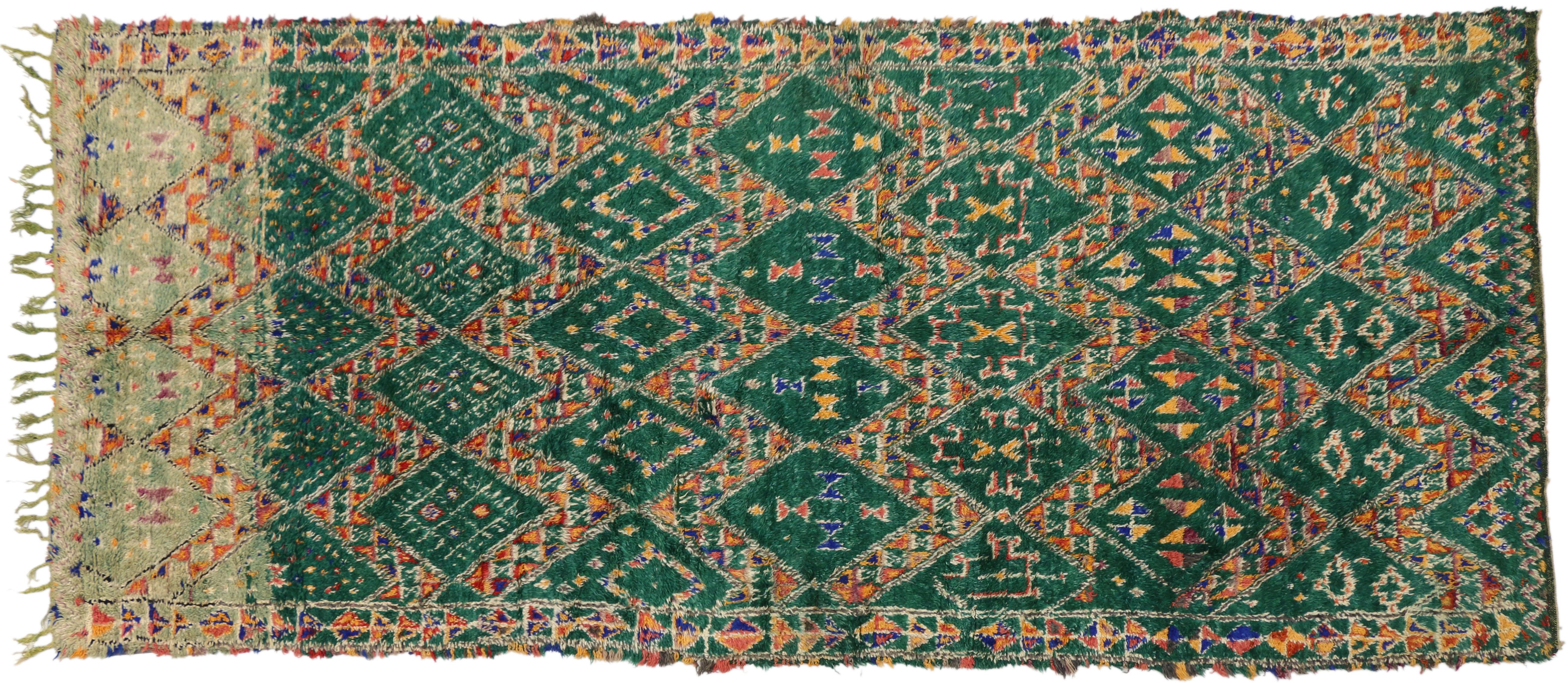 Wool Vintage Green Beni M'Guild Moroccan Rug with Tribal Style, Berber Moroccan Rug