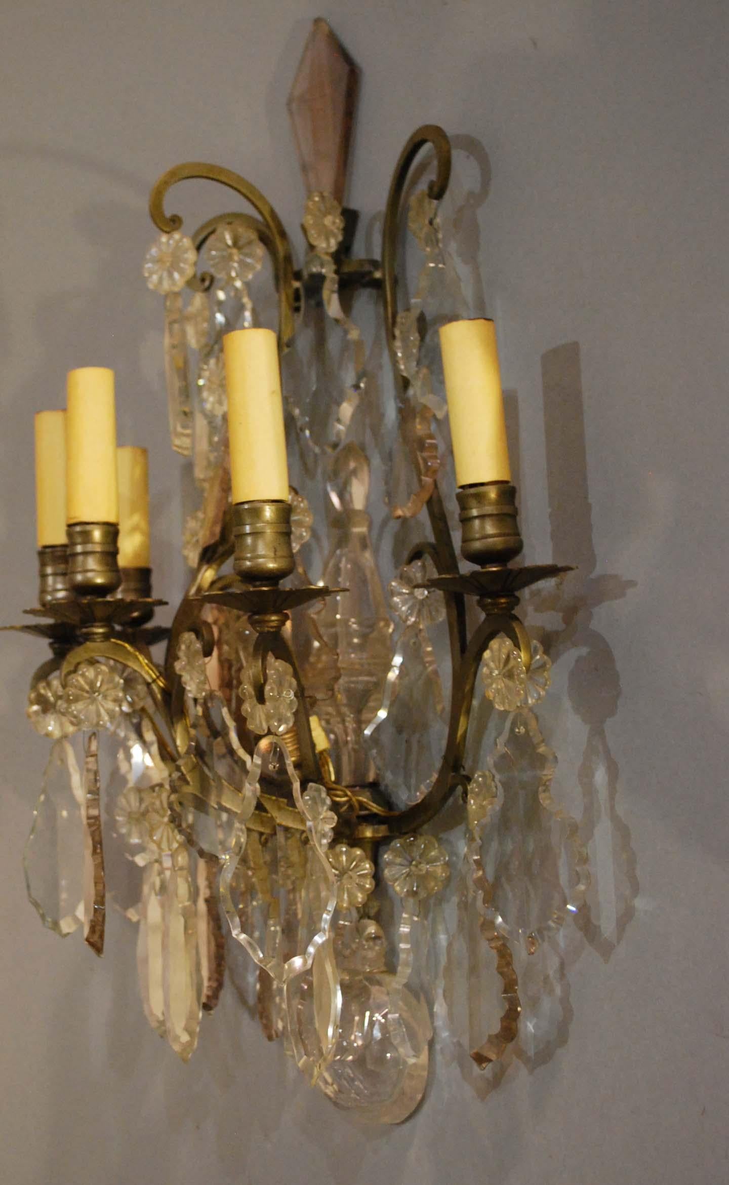 19th Century Pair of Bronze French Wall Sconces Hung with Crystal 3