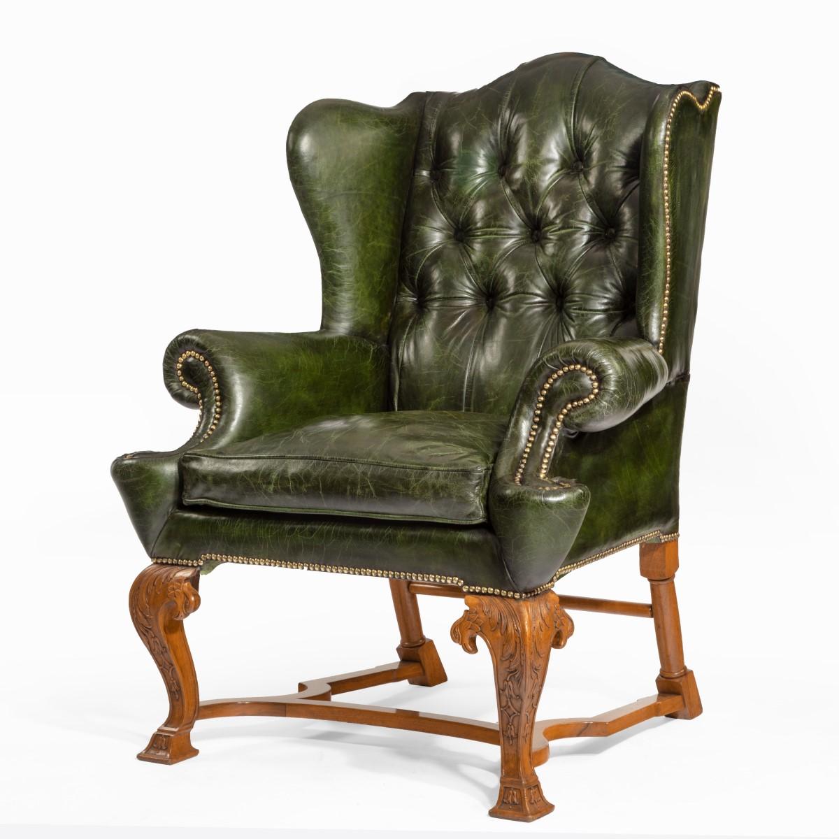 Leather Edwardian Walnut Wing Armchairs in the George I Style