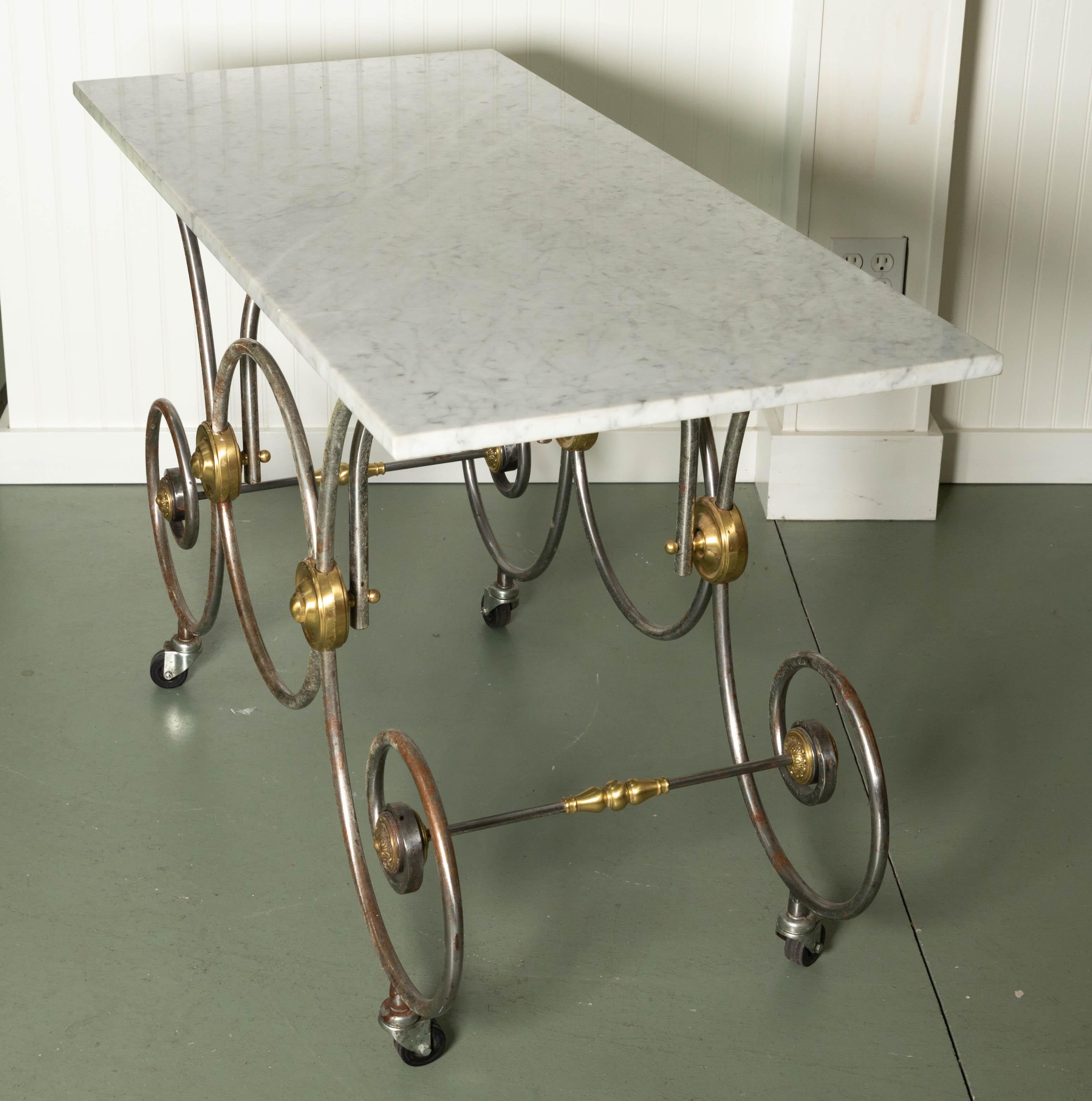 French Style, Marble Top Bakers Table with Brass and Metal Base For Sale 1