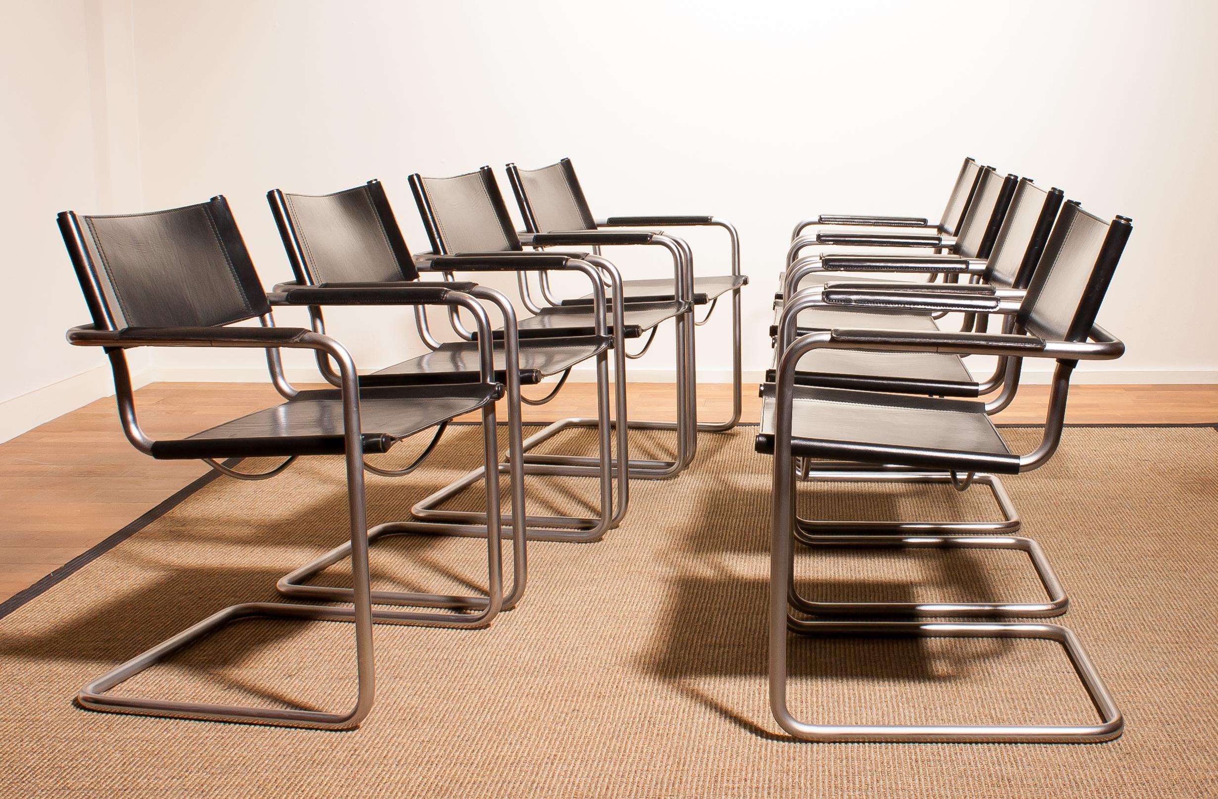 1970s Set of Eight Tubular Steel and Leather Dining Chairs by Matteo Grassi 2