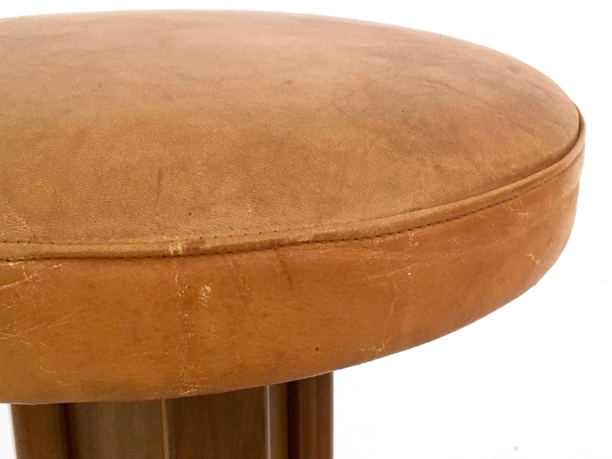 Italian Four Postmodern Camel Color Leather & Walnut Plywood Revolving Stools, Italy