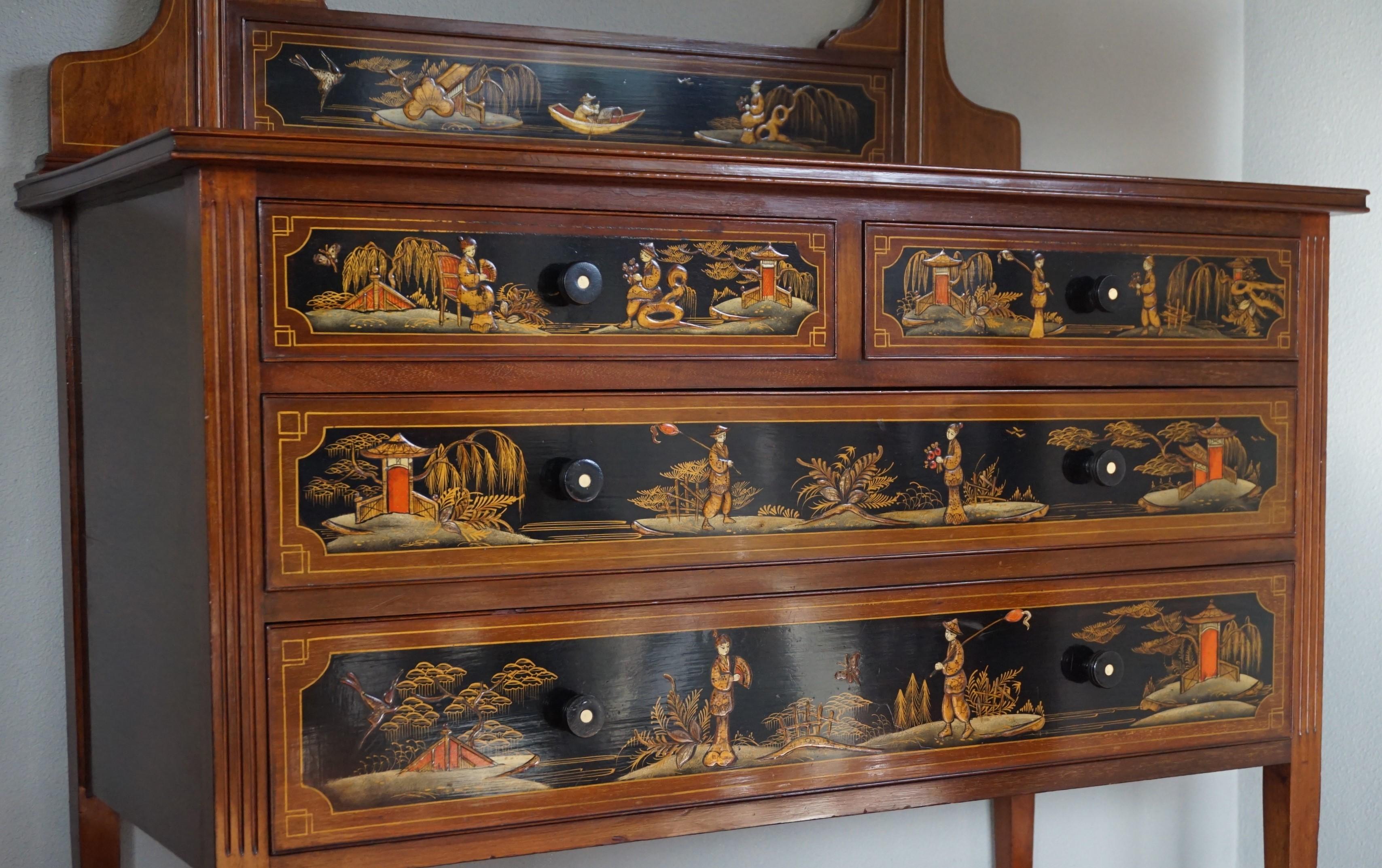 19th Century Antique Hand-Painted Mahogany Commode W. Beveled Vanity Mirror Chinoiserie Style