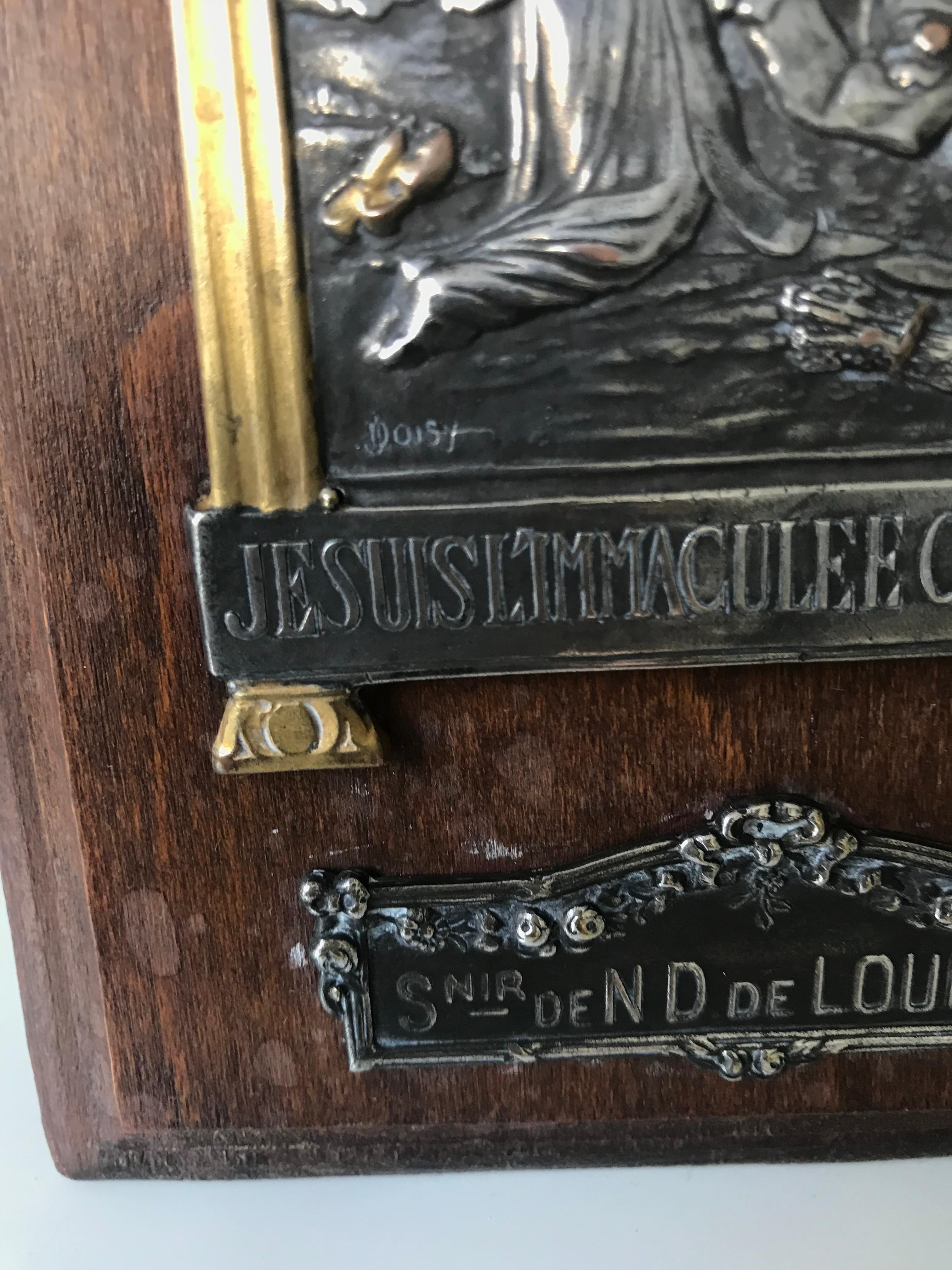 20th Century Silver Plate Plaque of Mary Notre Dame De Lourdes in Prayer W Wooden Easel Stand