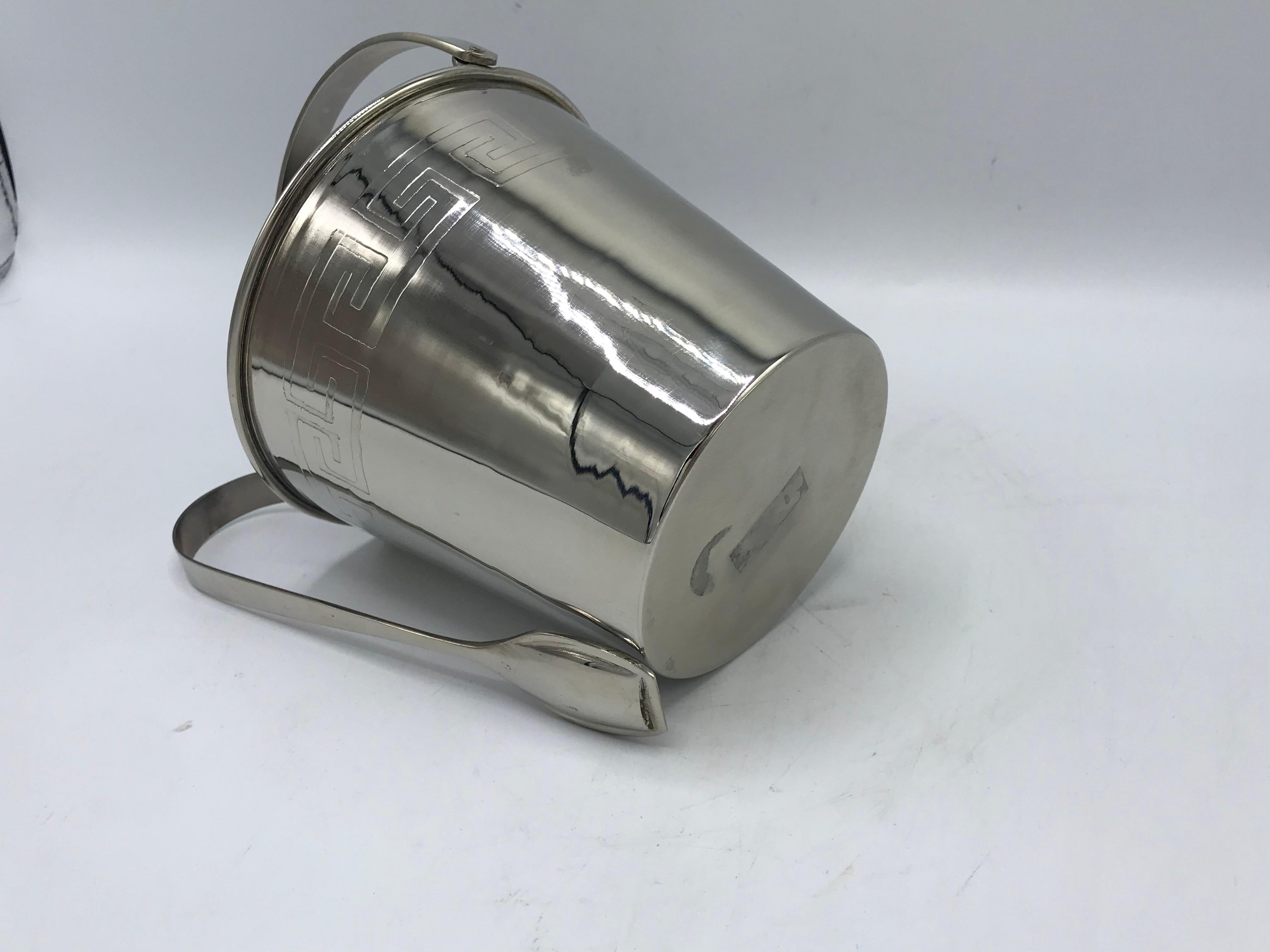 1970s Chrome Ice Bucket and Tongs with Greek Key Motif For Sale 1