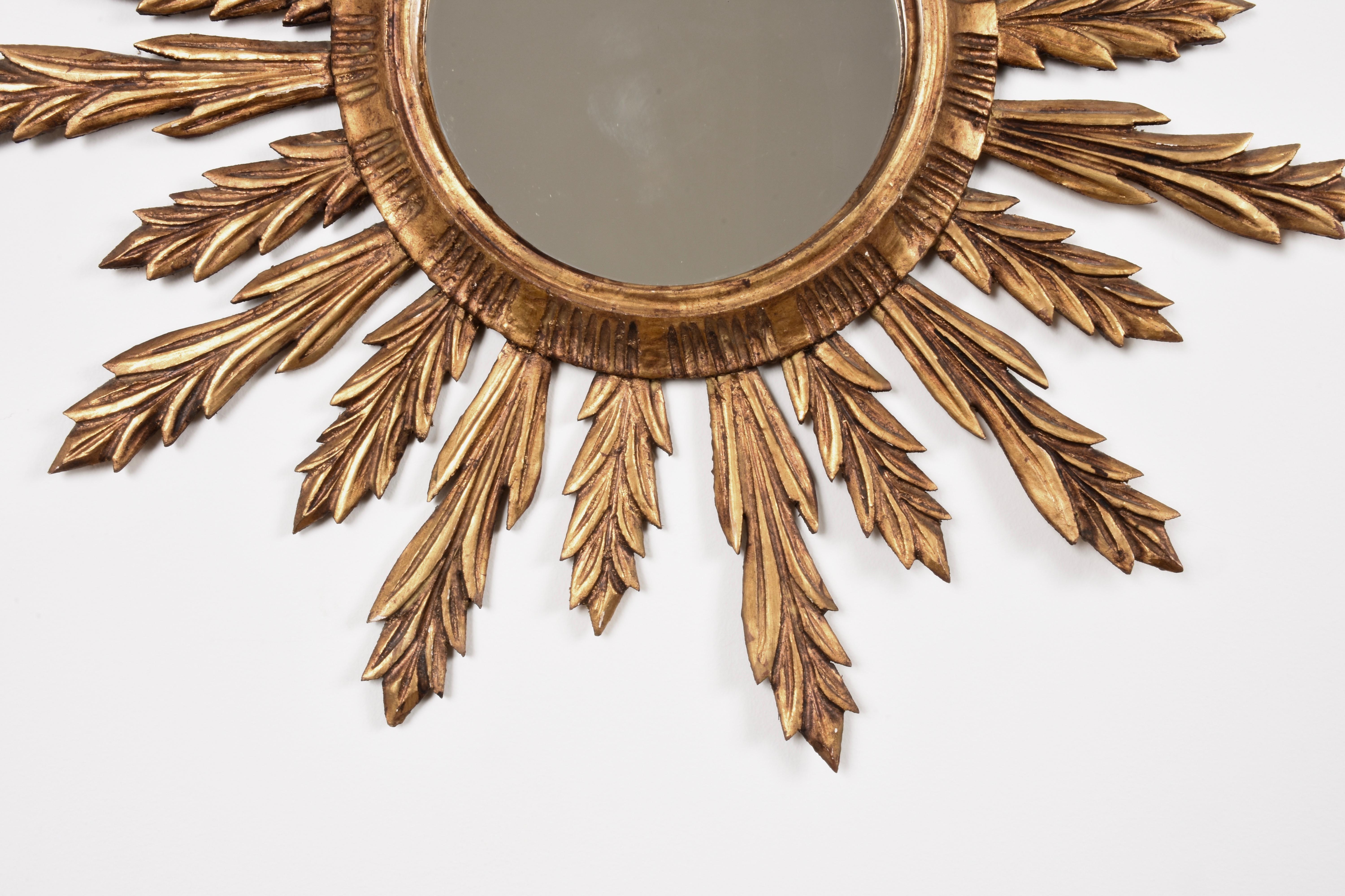 20th Century Wall Mirror in Gilded Wood, Giltwood Sunburst Vintage, France 1950s, Lucky Charm