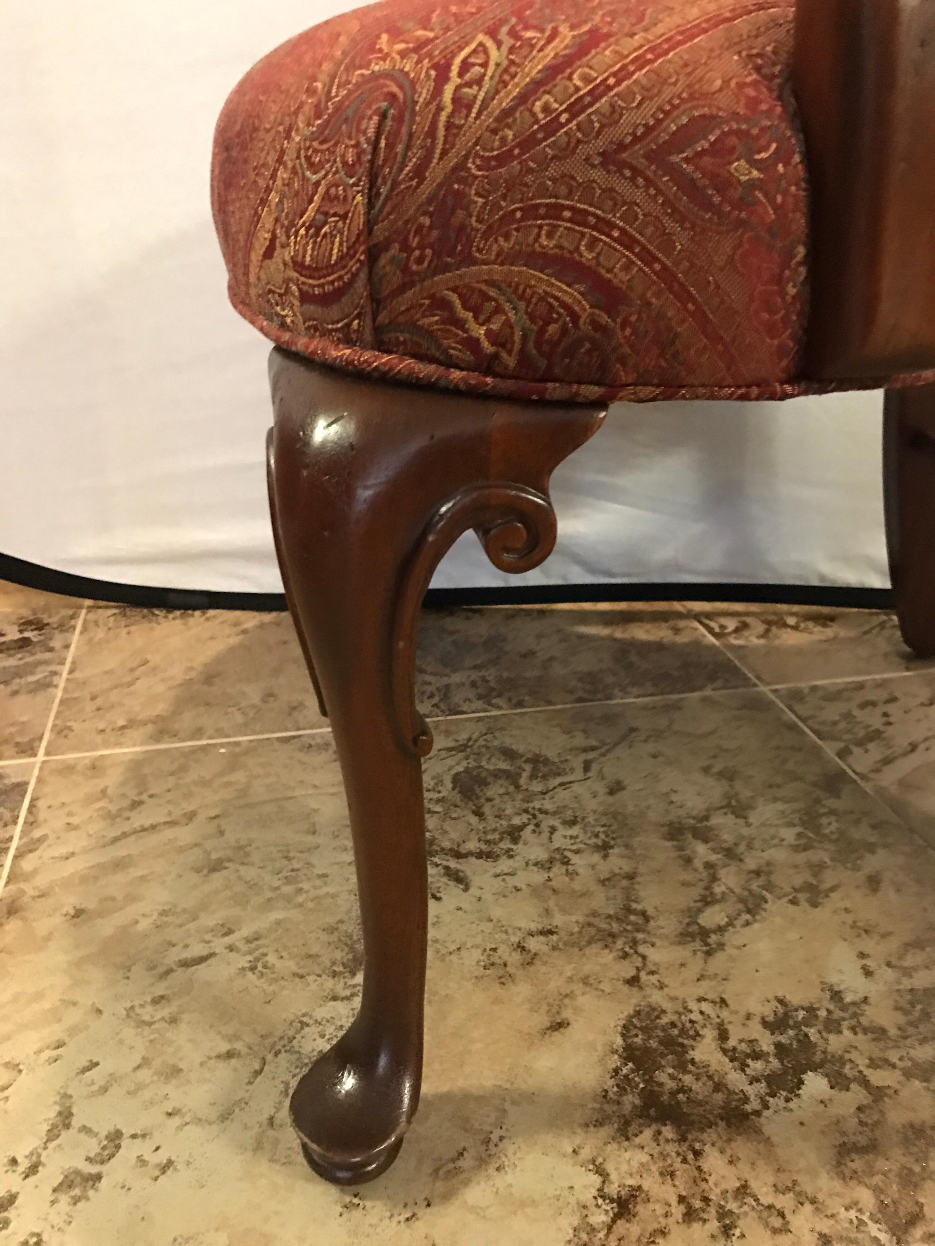 Mahogany Gooseneck Armchairs Paisley Fabric, Pair In Excellent Condition In West Hartford, CT