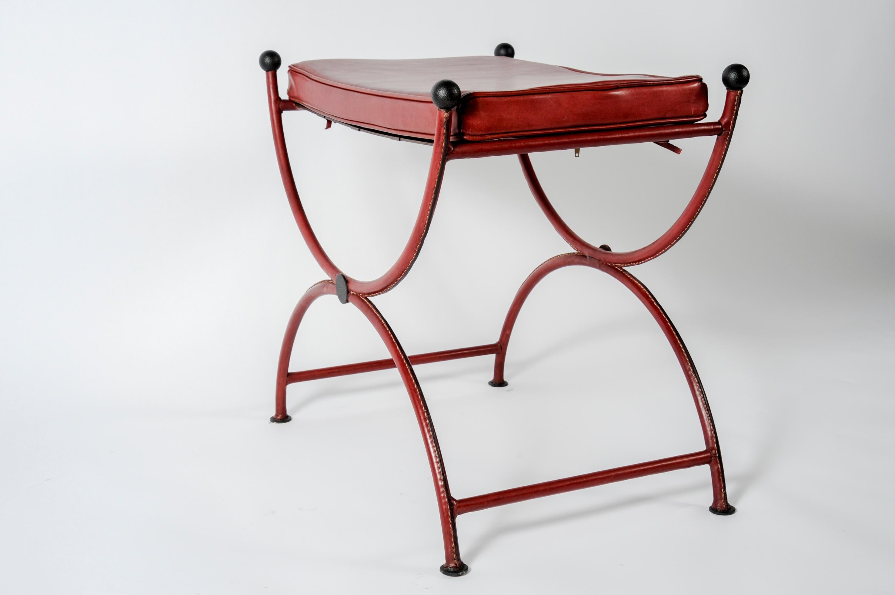 Pair of Neoclassical Stools in Stitched Leather by Jacques Adnet 2