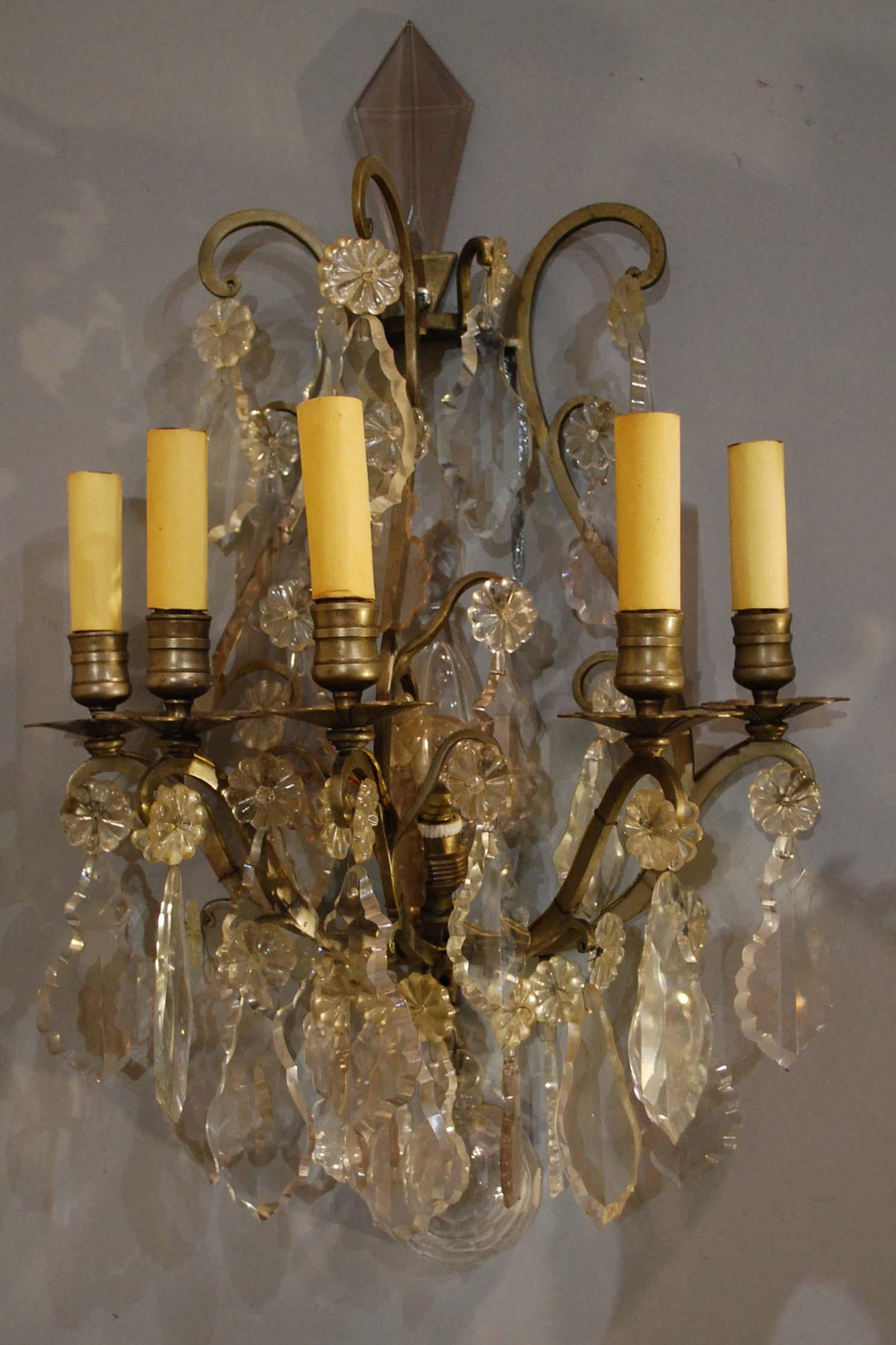 19th Century Pair of Bronze French Wall Sconces Hung with Crystal 4
