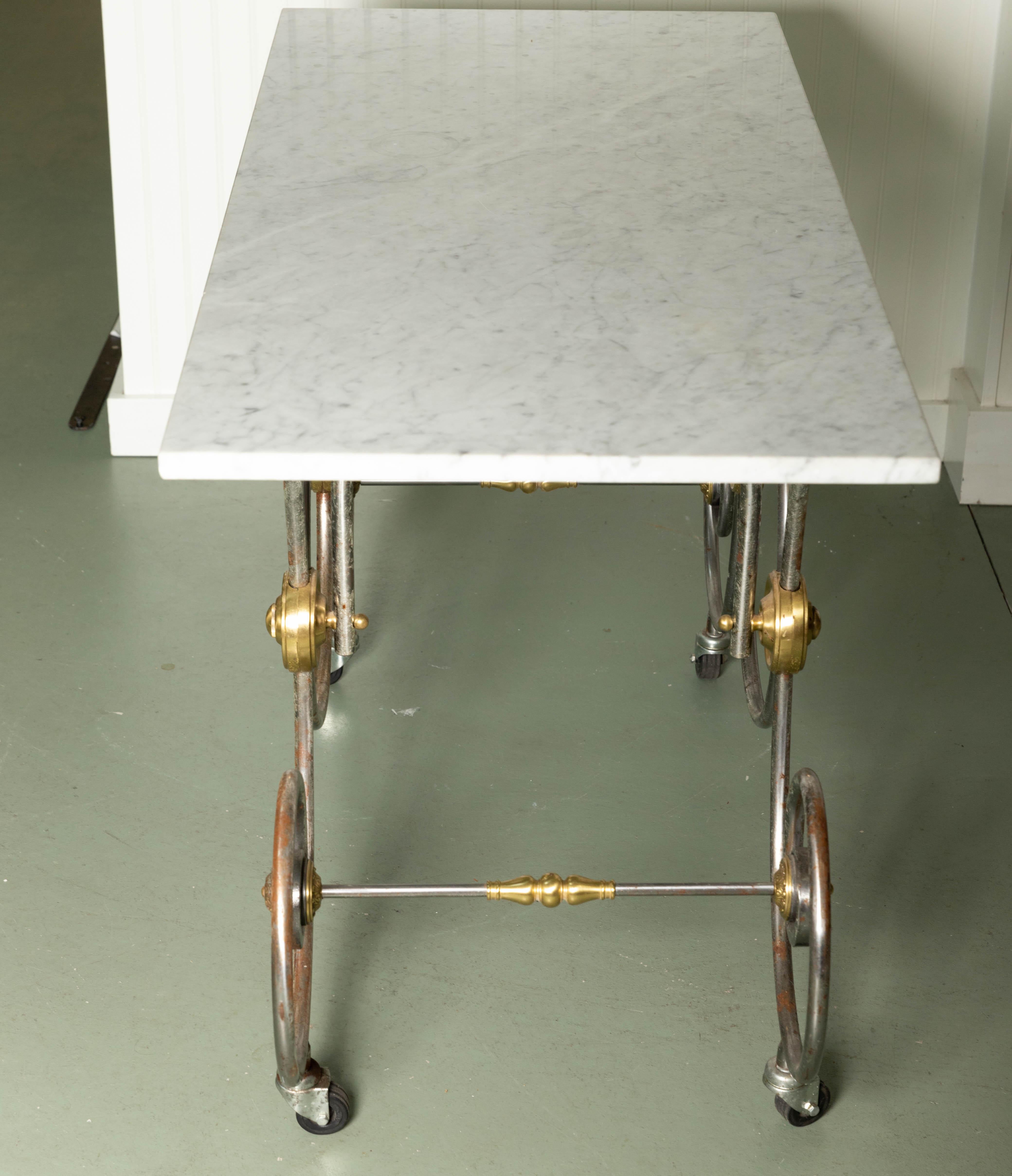 French Style, Marble Top Bakers Table with Brass and Metal Base For Sale 2