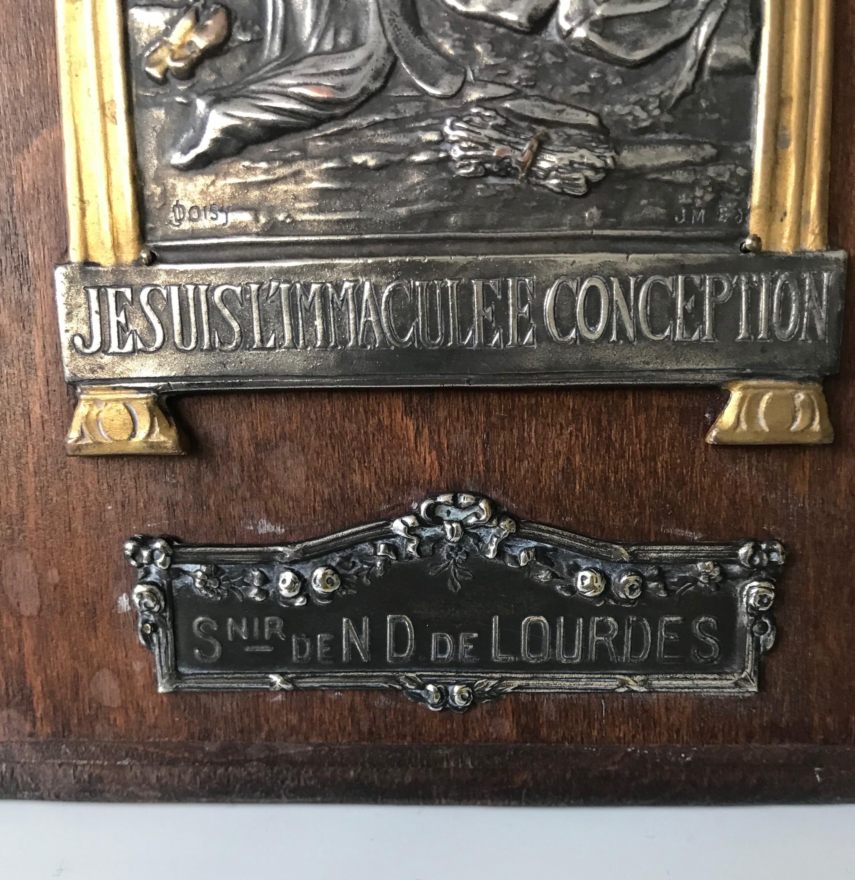 Silver Plate Plaque of Mary Notre Dame De Lourdes in Prayer W Wooden Easel Stand 1