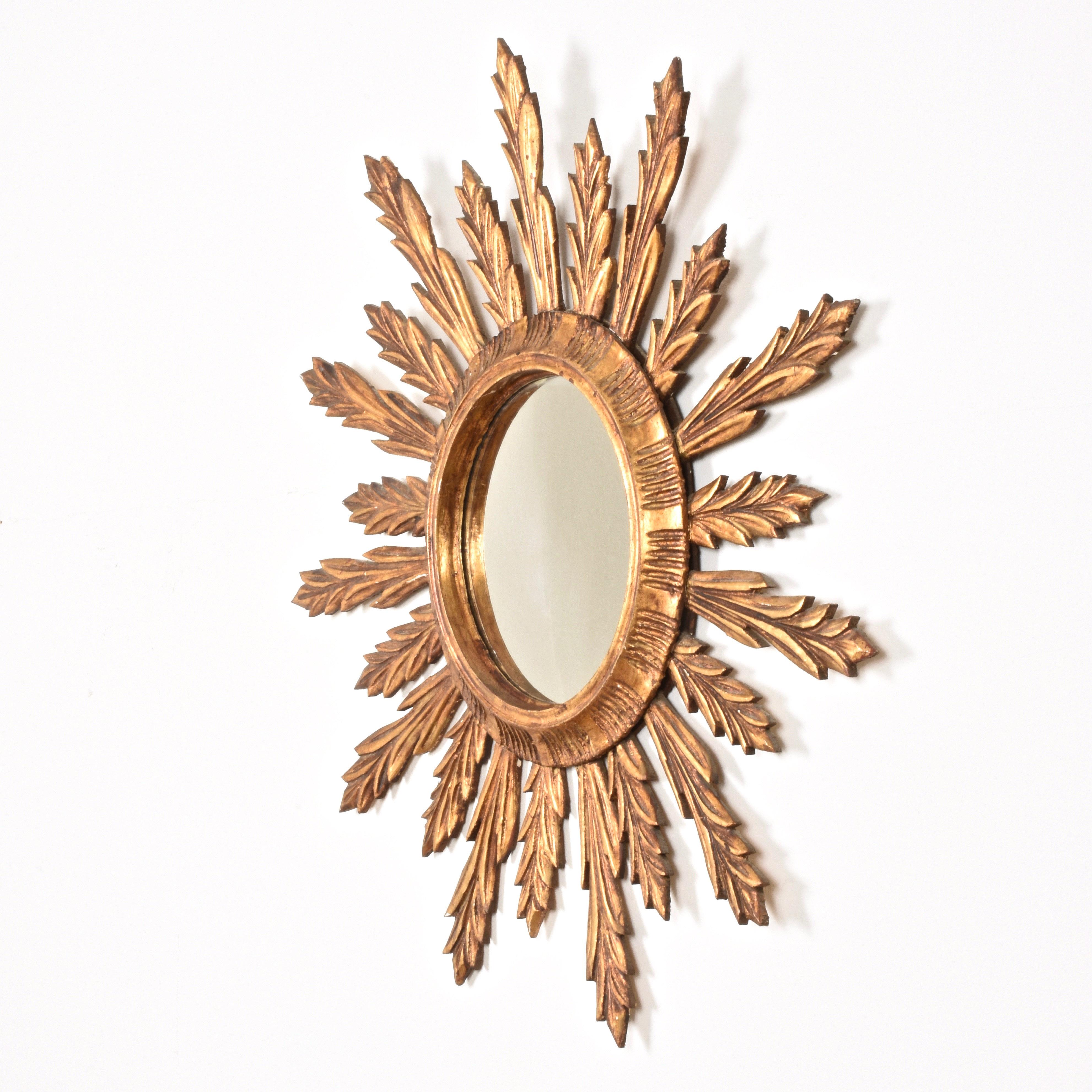 Wall Mirror in Gilded Wood, Giltwood Sunburst Vintage, France 1950s, Lucky Charm 1