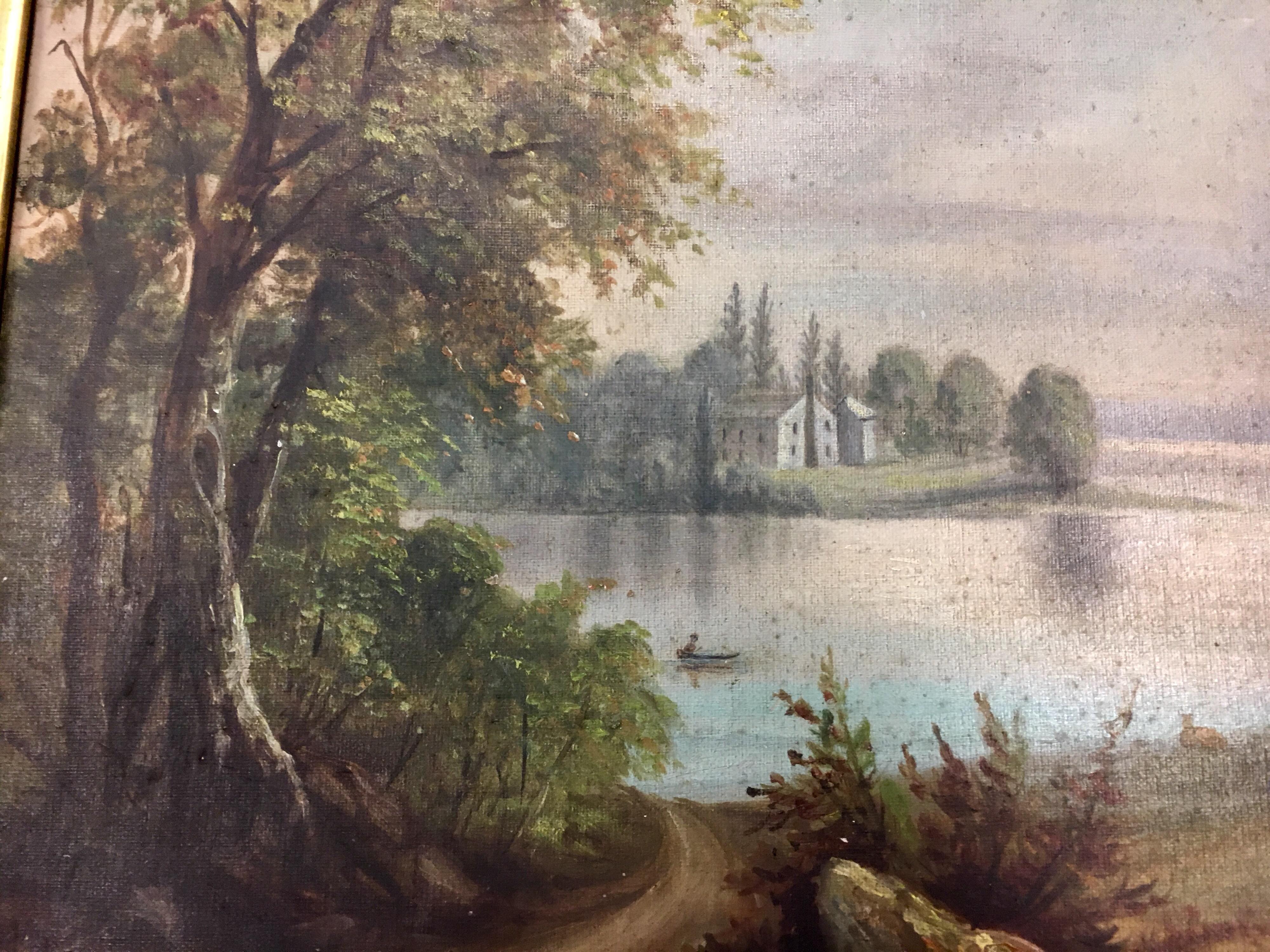 Original Antique Pastoral Hudson River Scene Oil Painting 3