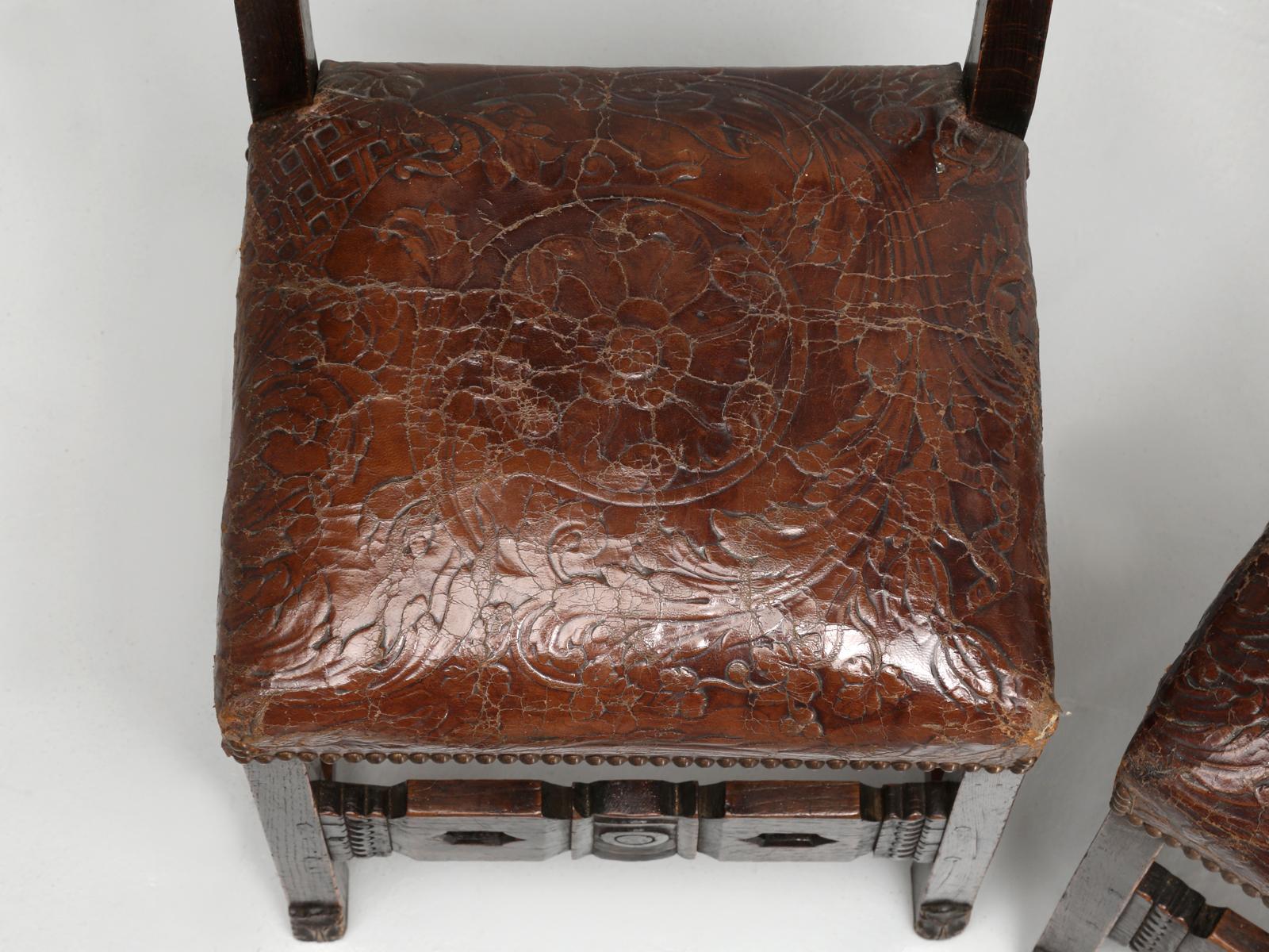 Late 19th Century Pair Spanish Tooled Leather Antique Chairs