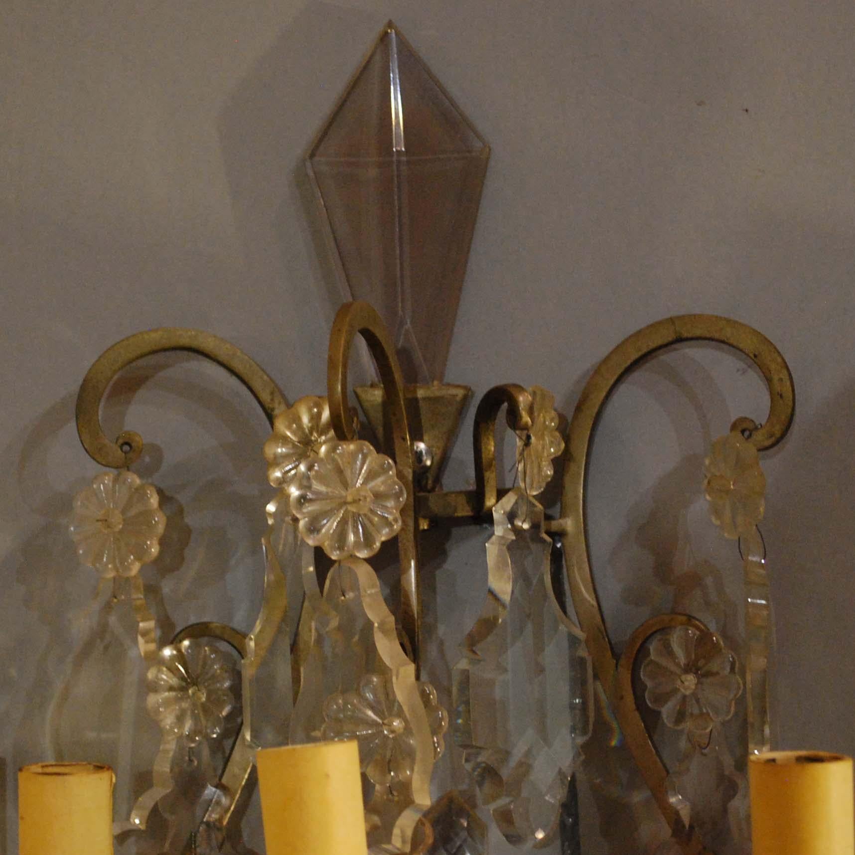 19th Century Pair of Bronze French Wall Sconces Hung with Crystal 5