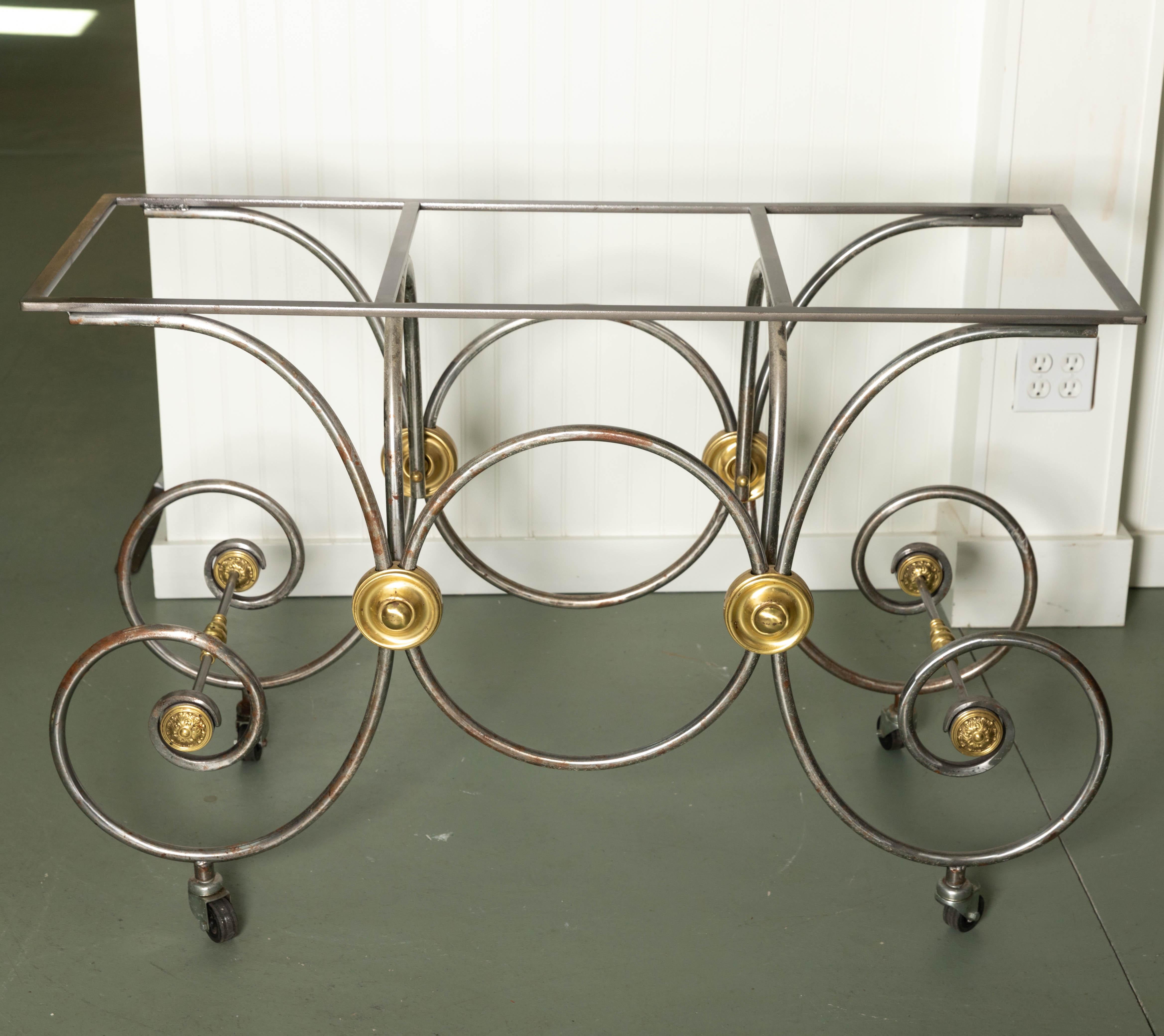 French Style, Marble Top Bakers Table with Brass and Metal Base For Sale 3