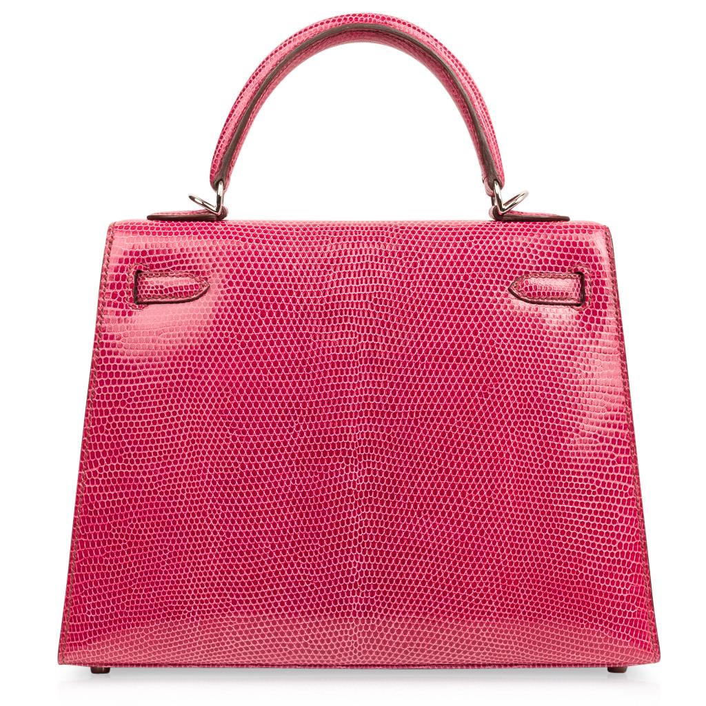 Women's Hermes Kelly Seller 25 Fuschia Pink Lizard Palladium Hardware Limited Edition For Sale
