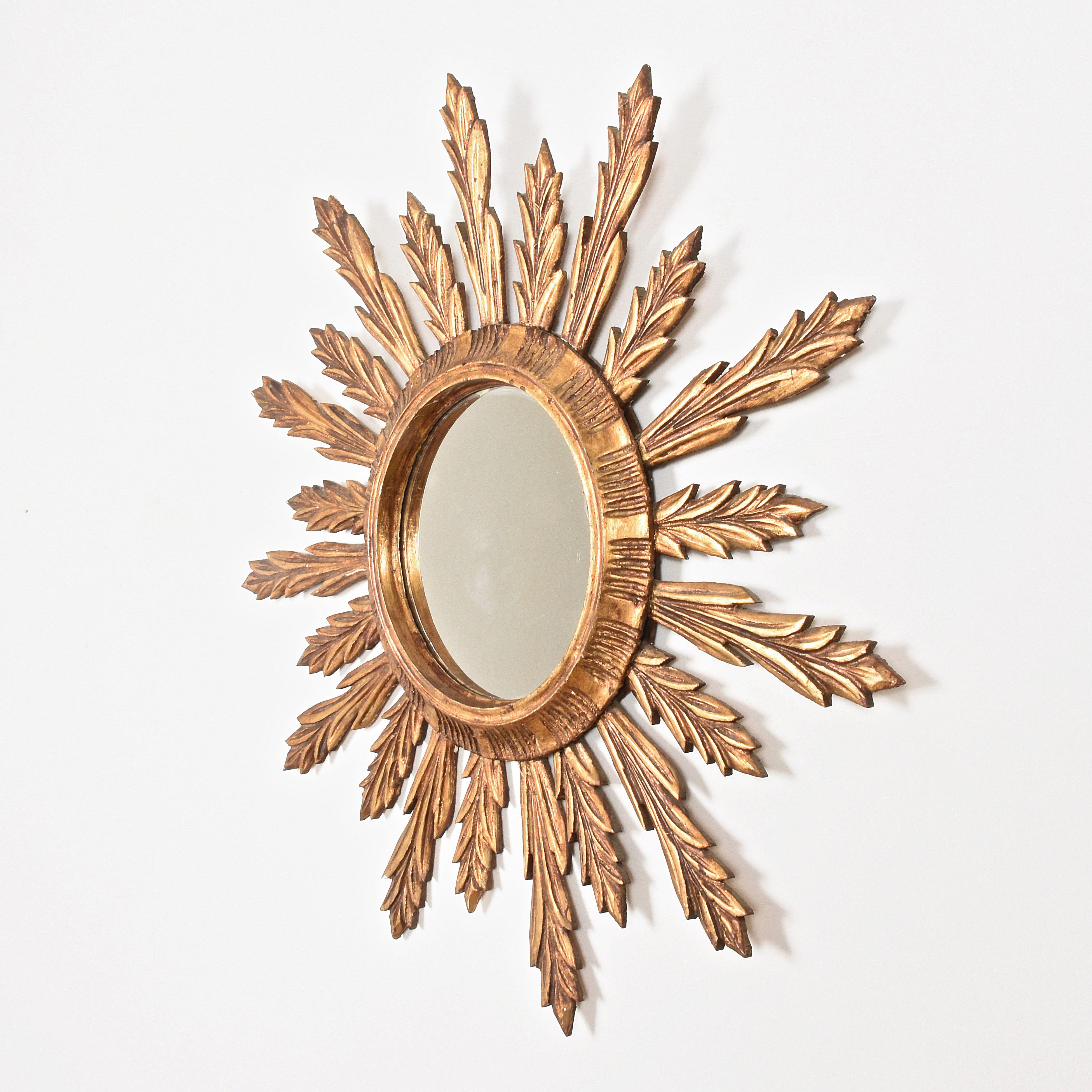 Wall Mirror in Gilded Wood, Giltwood Sunburst Vintage, France 1950s, Lucky Charm 2