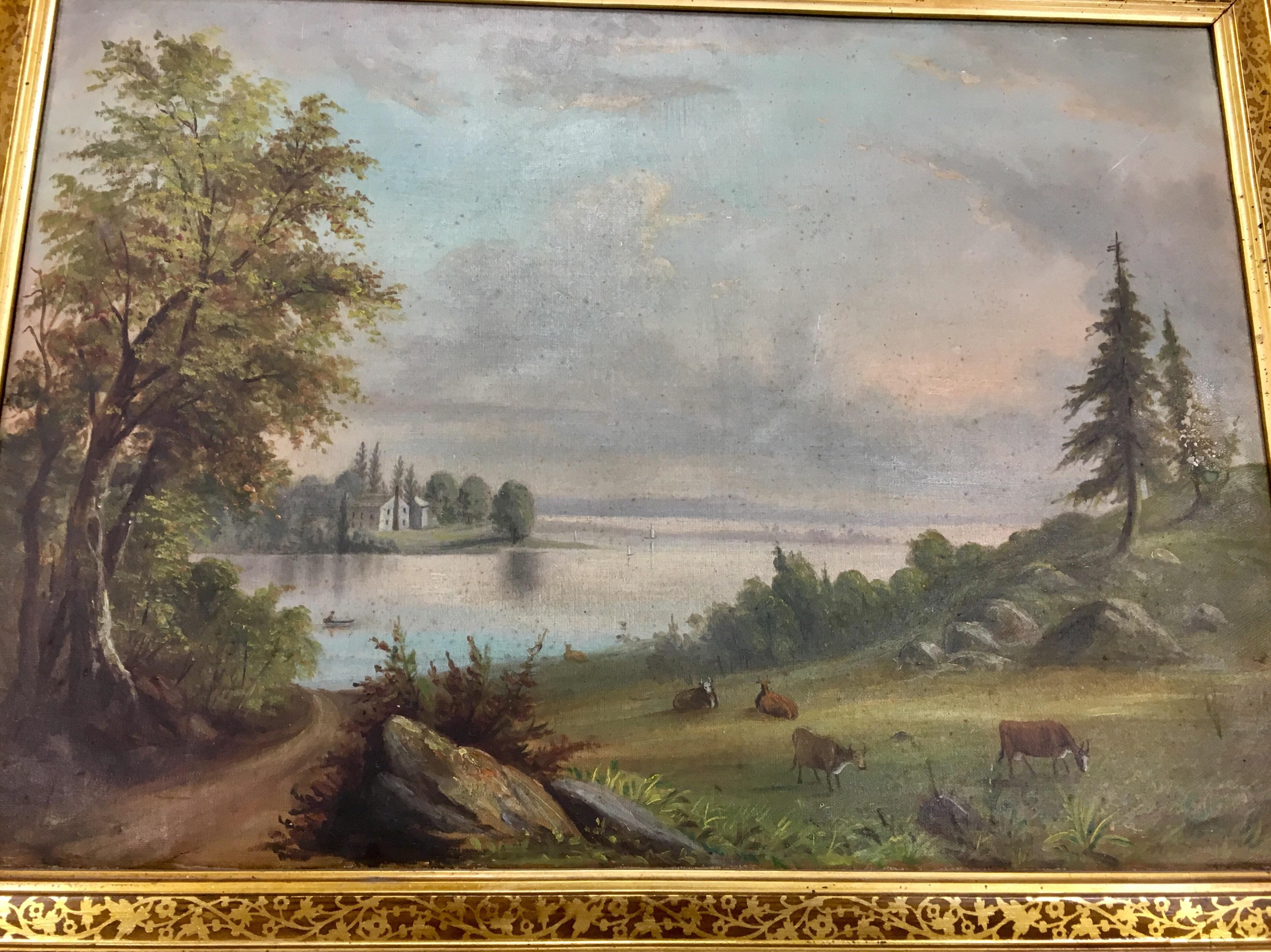 Original Antique Pastoral Hudson River Scene Oil Painting 4