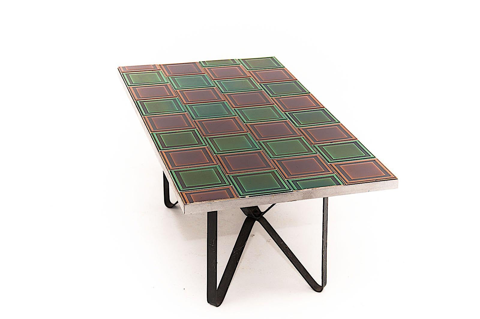 Ceramic Coffe Table, Green and Brown, 1960 in the Style of Jeannette Laveirrière 1