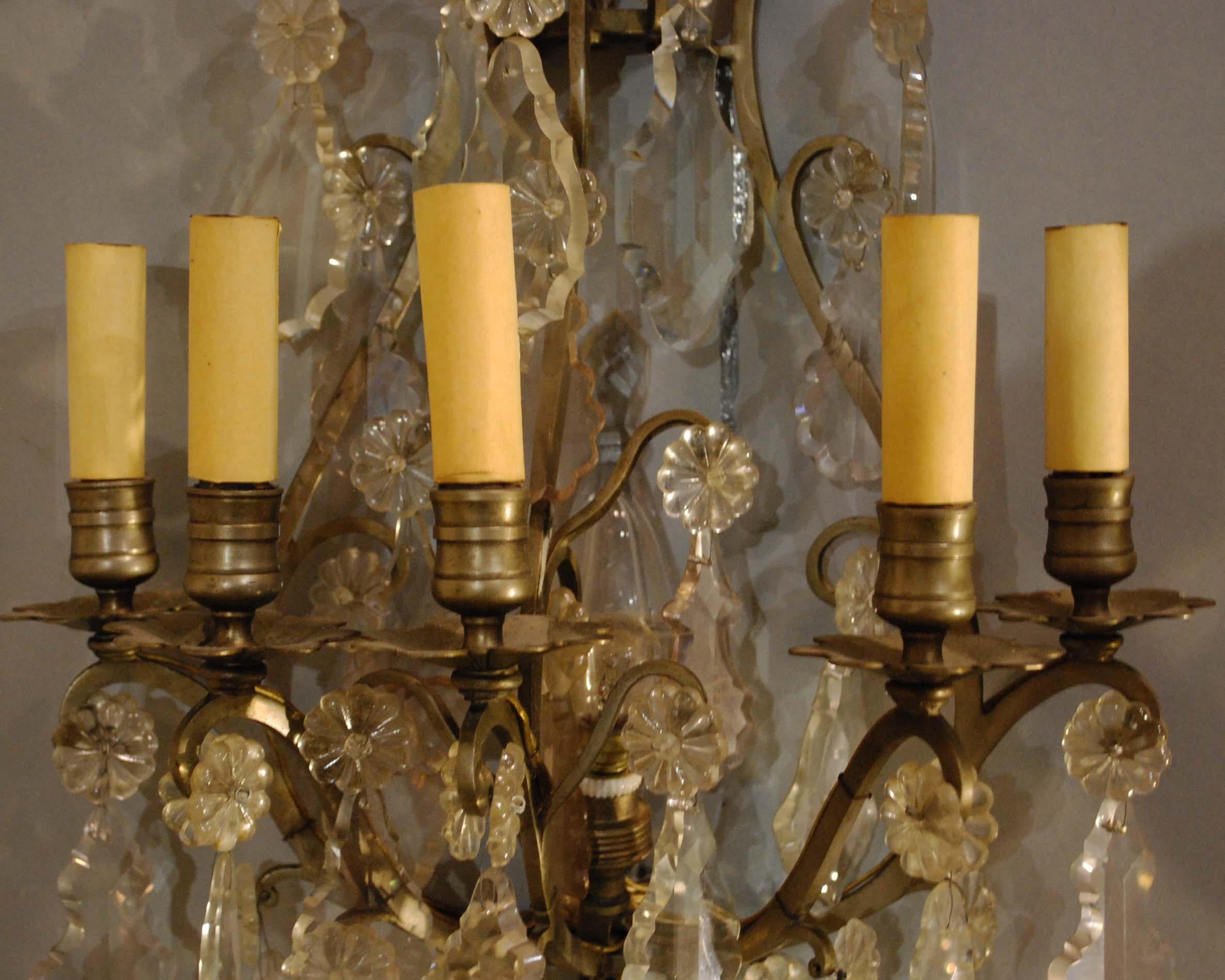 19th Century Pair of Bronze French Wall Sconces Hung with Crystal 6