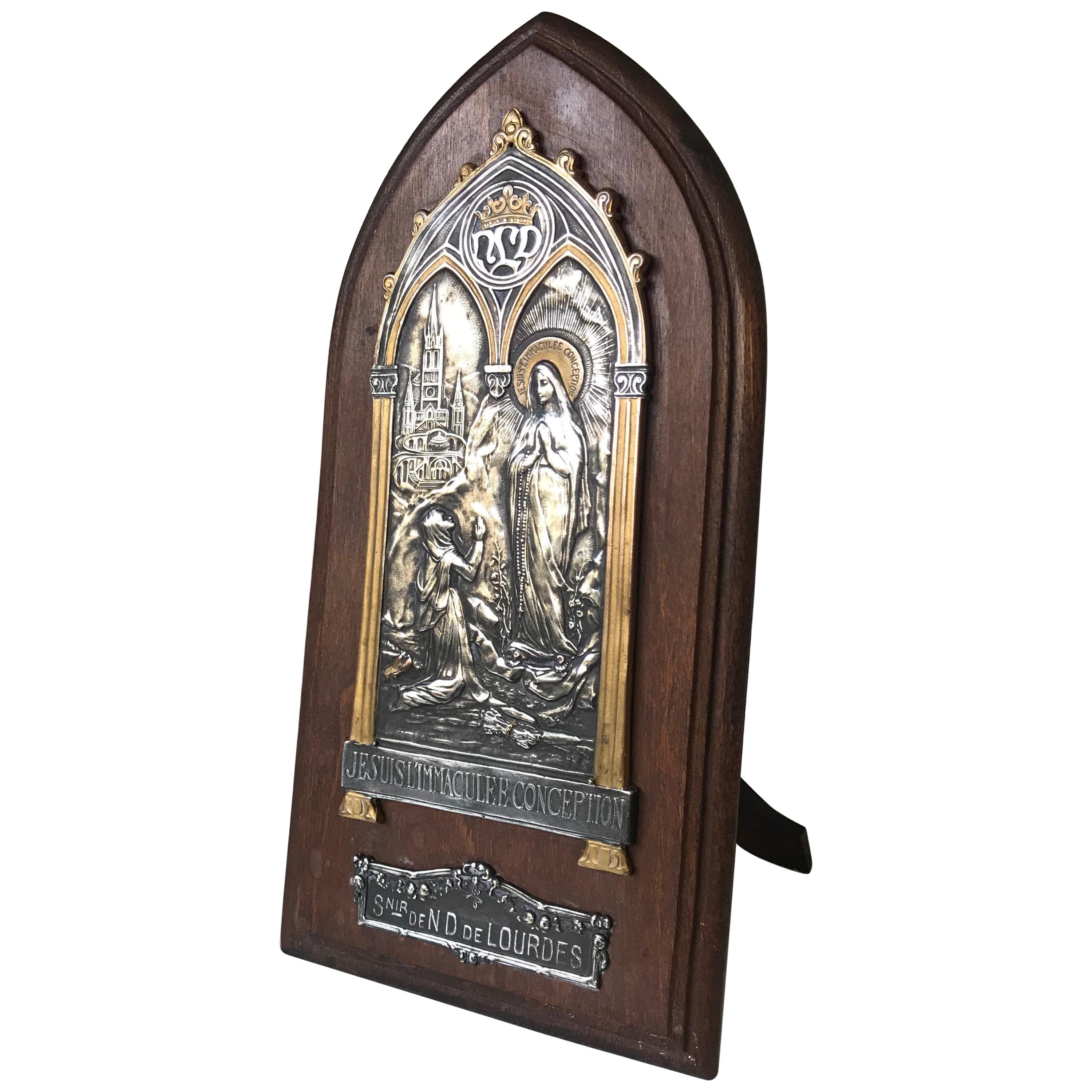Silver Plate Plaque of Mary Notre Dame De Lourdes in Prayer W Wooden Easel Stand