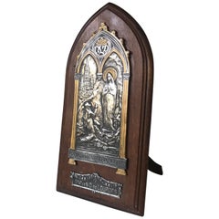 Antique Silver Plate Plaque of Mary Notre Dame De Lourdes in Prayer W Wooden Easel Stand