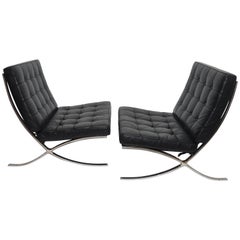 Vintage Pair of Knoll Barcelona Style Black Leather Chairs, Mies van der Rohe