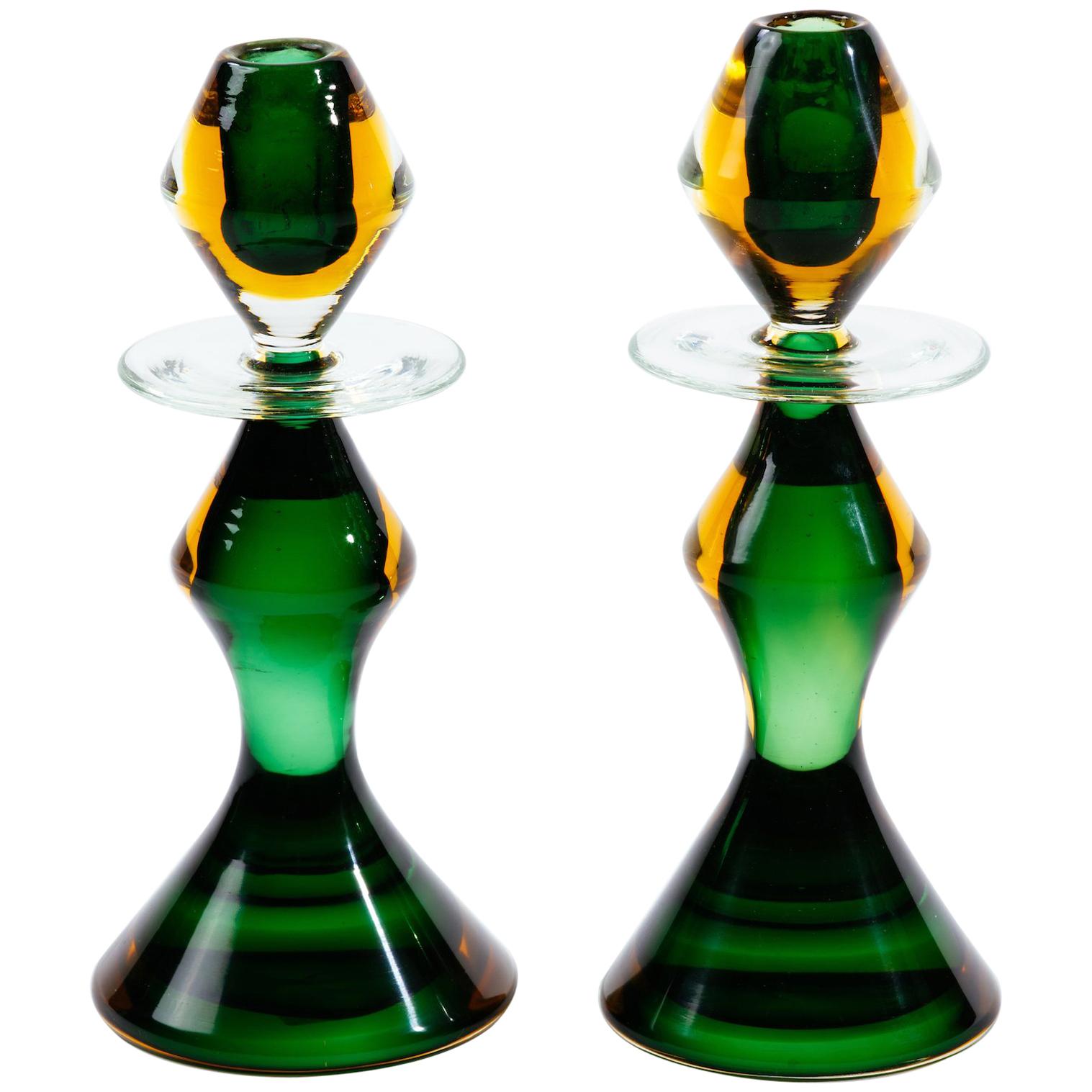 Italian Gold and Emerald Glass Candlesticks by Flavio Poli for Seguso
