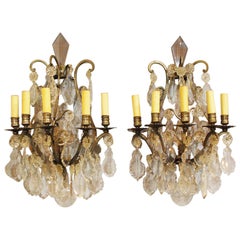 19th Century Pair of Bronze French Wall Sconces Hung with Crystal