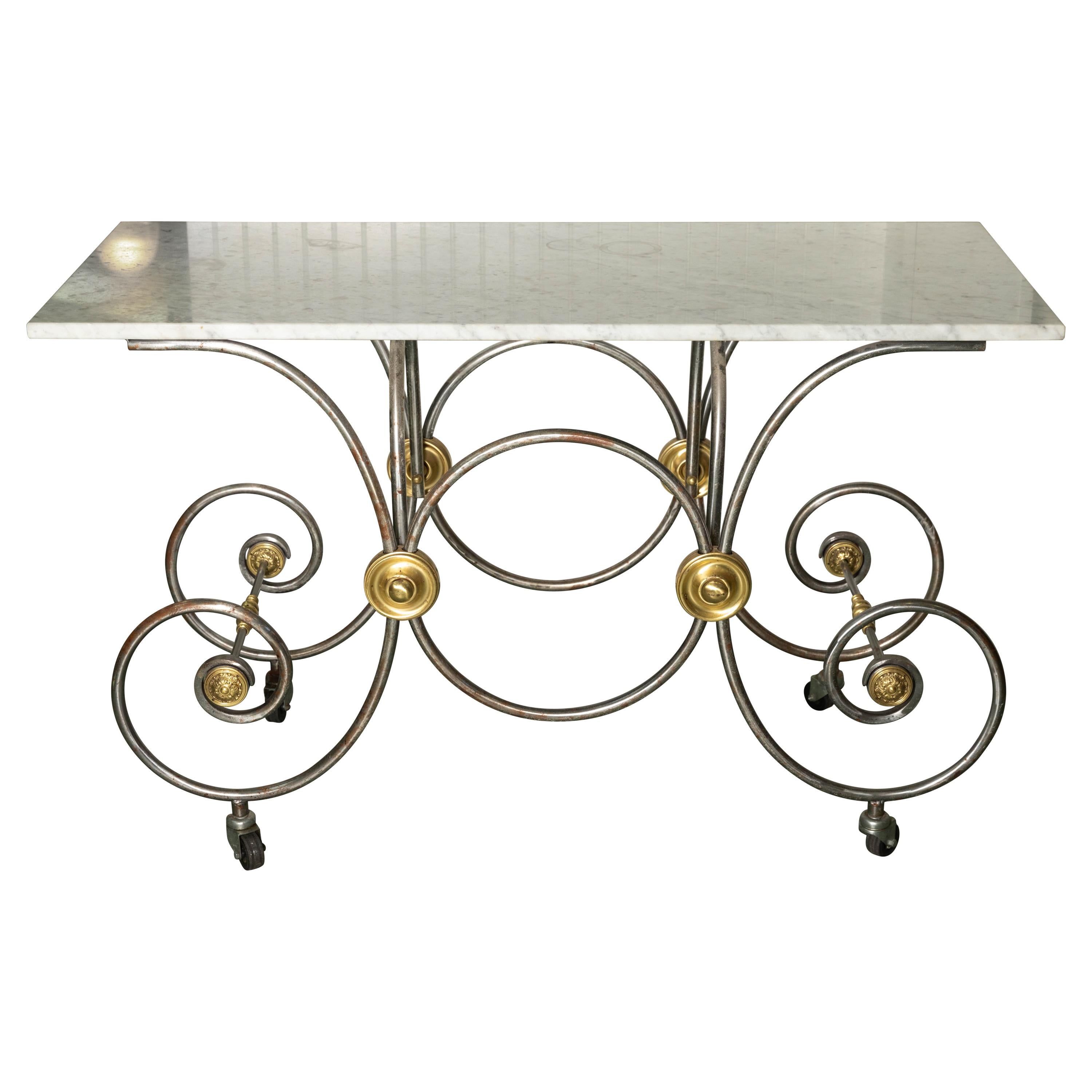 French Style, Marble Top Bakers Table with Brass and Metal Base im Angebot