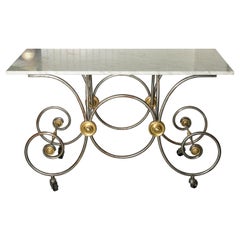 French Style, Marble Top Bakers Table with Brass and Metal Base