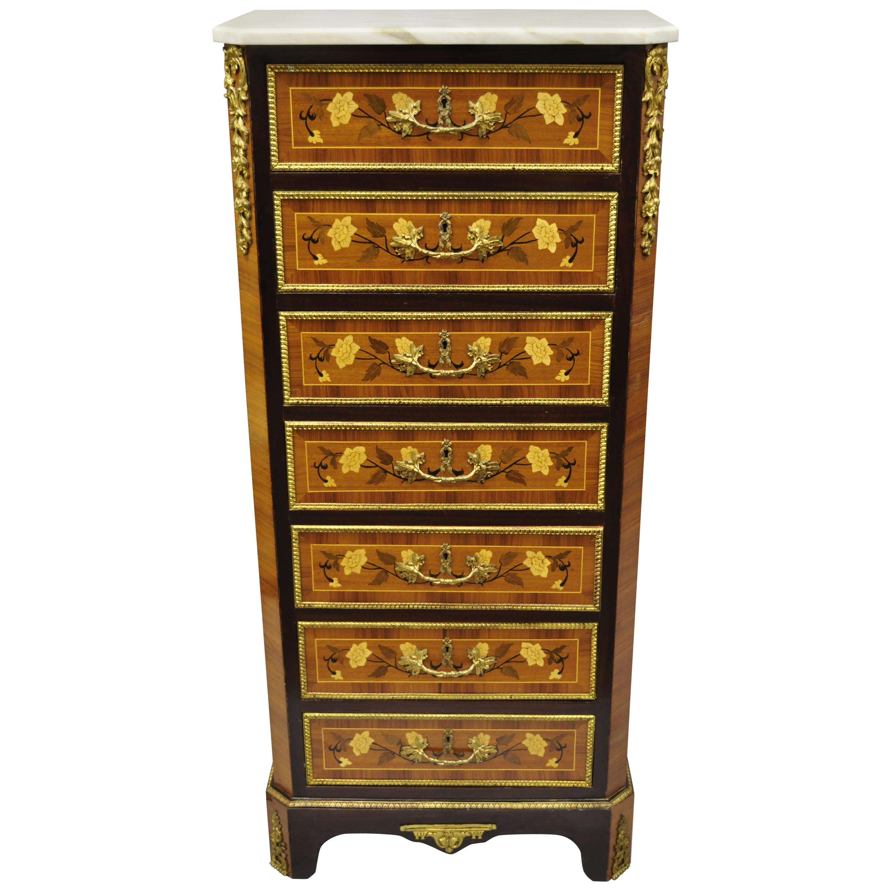 Louis XV French Style Marble-Top Inlaid Seven-Drawer Lingerie Tall Chest