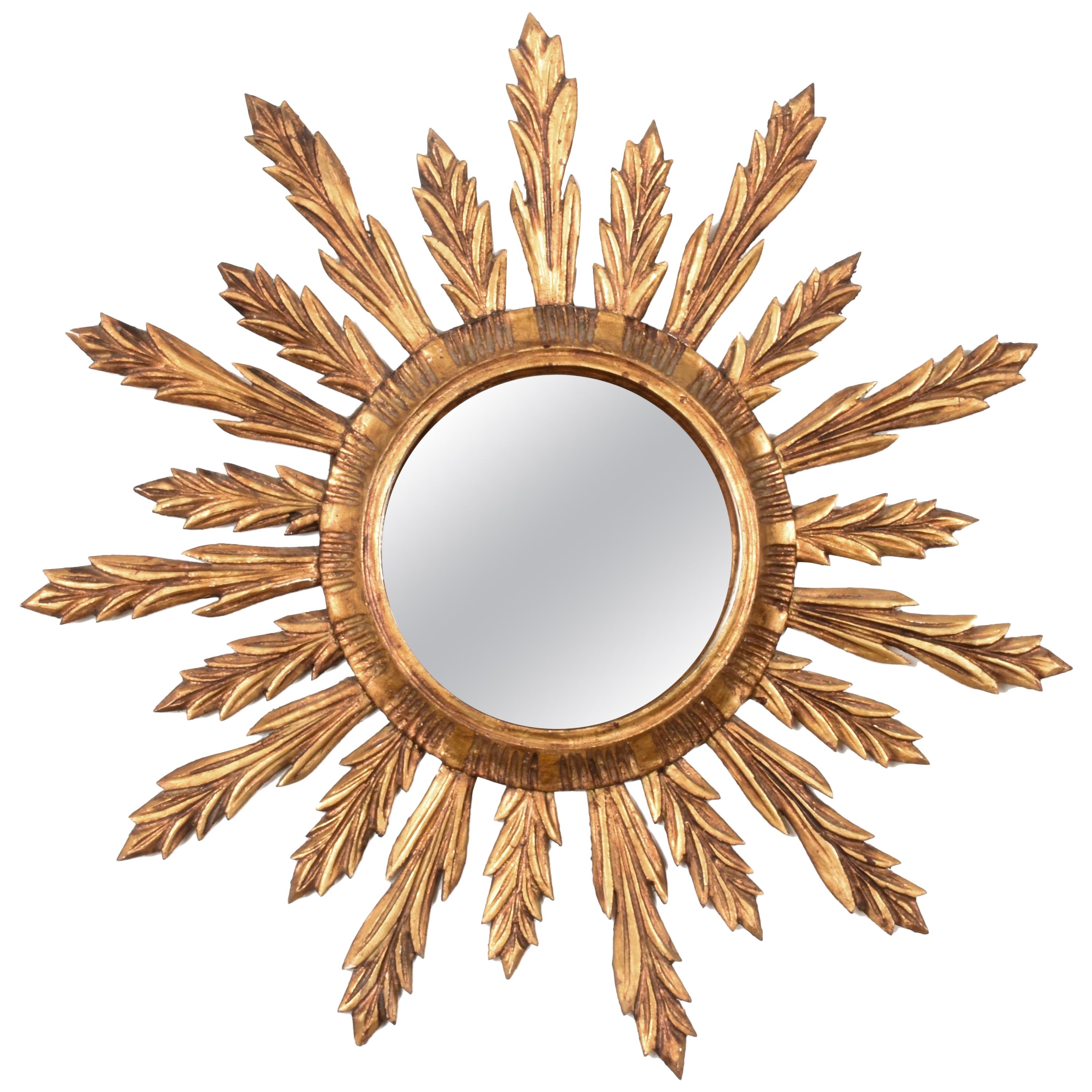 Wall Mirror in Gilded Wood, Giltwood Sunburst Vintage, France 1950s, Lucky Charm