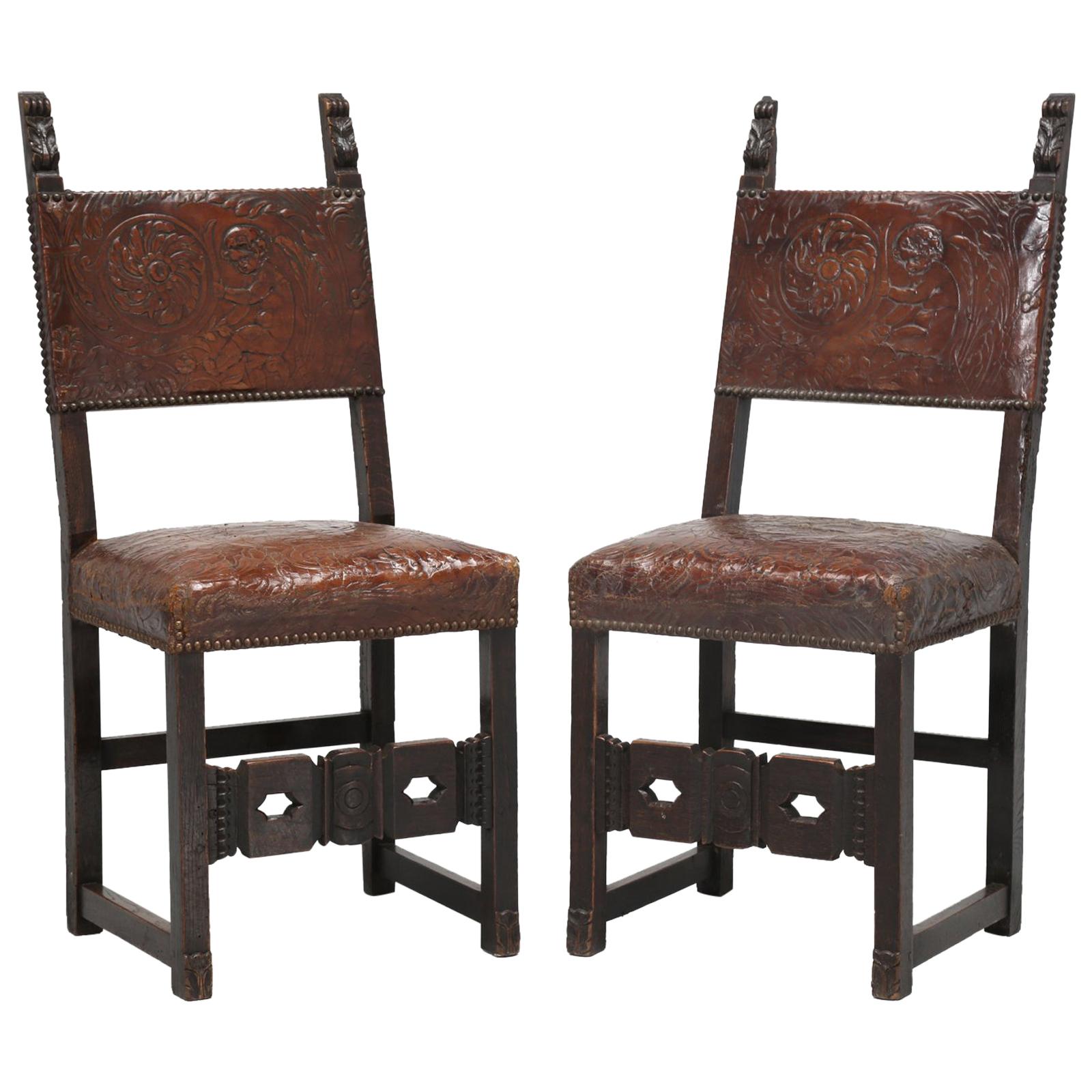 Pair Spanish Tooled Leather Antique Chairs