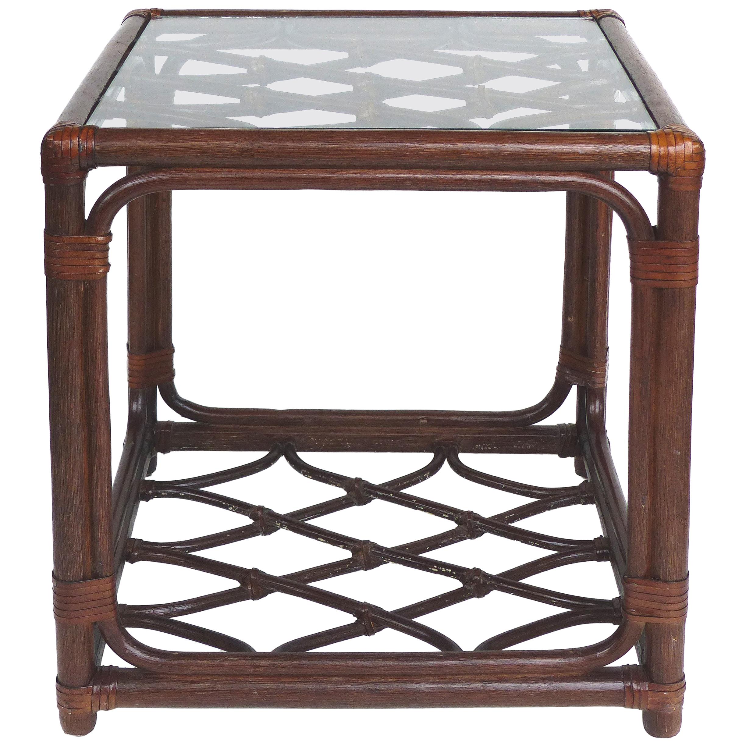 Rattan Side Table, Criss Cross Design, Leather Strapping attributed to McGuire