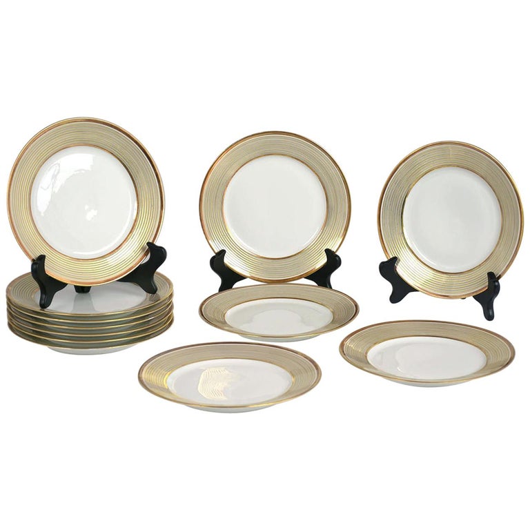 Set of 12 French Limoges Gilded Dinner Plates For Sale at 1stDibs