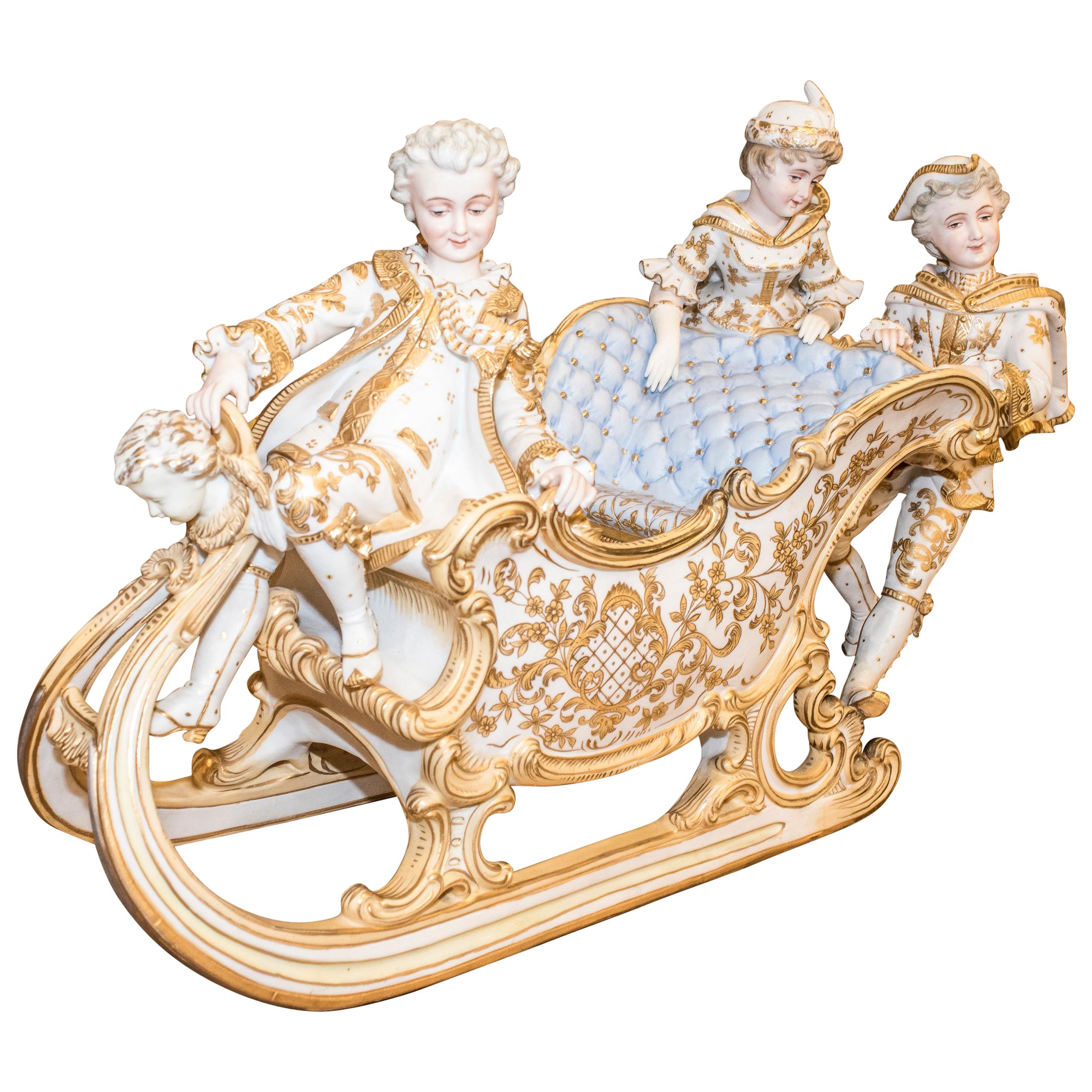 19th Century Polychrome Porcelain Central European Baroque Sleigh