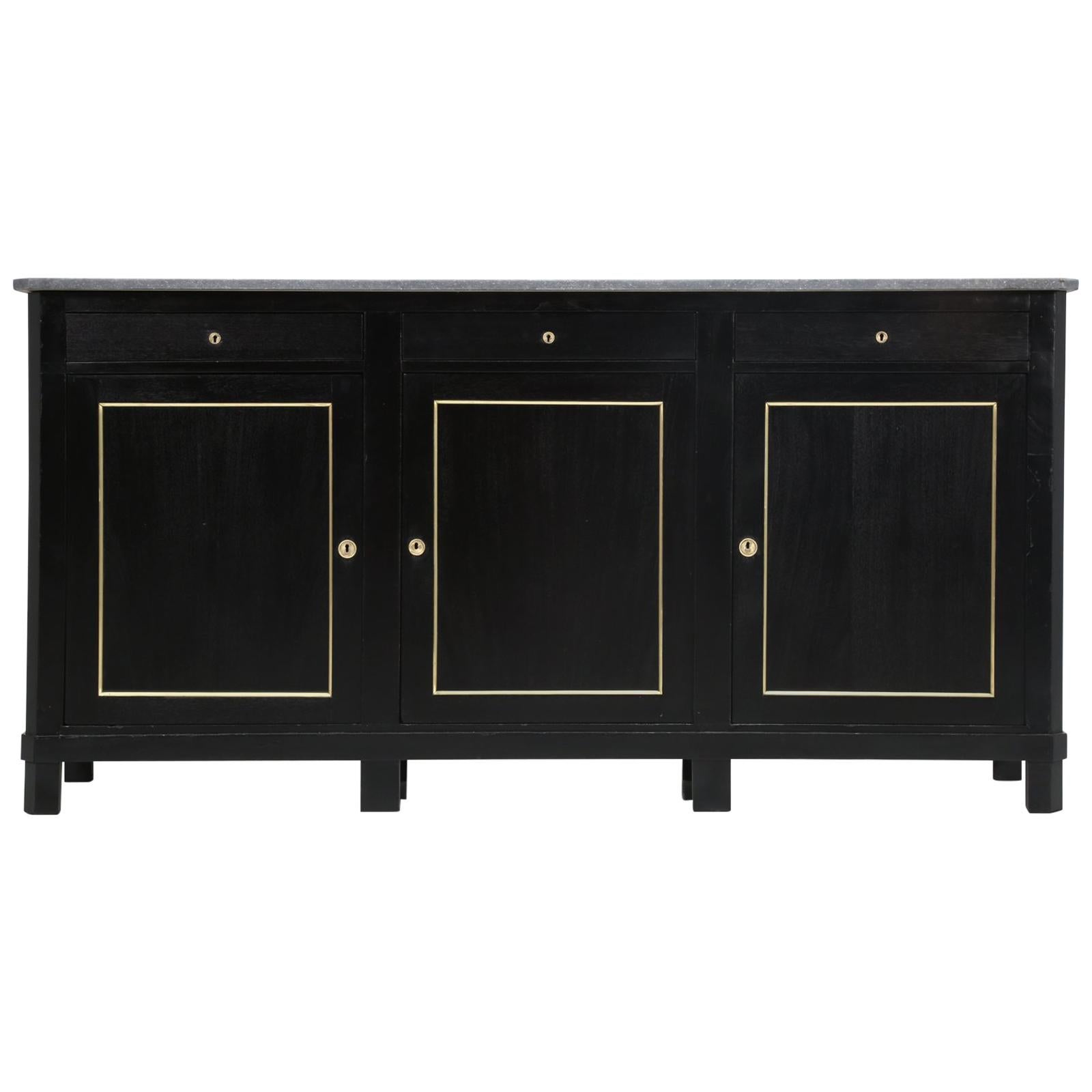 Antique French Buffet, Ebonized with Brass Trim, Marble Top Thoroughly Restored